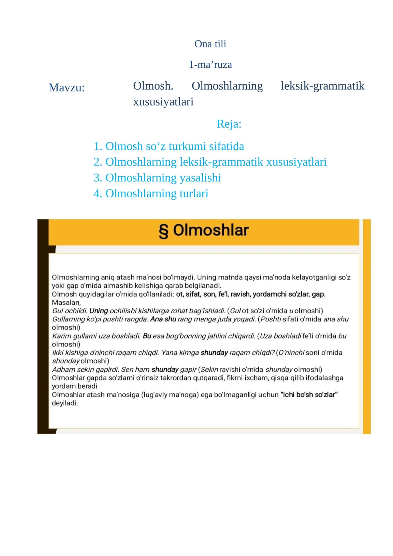 Olmosh. Olmoshlarning leksik-grammatik xususiyatlari 1