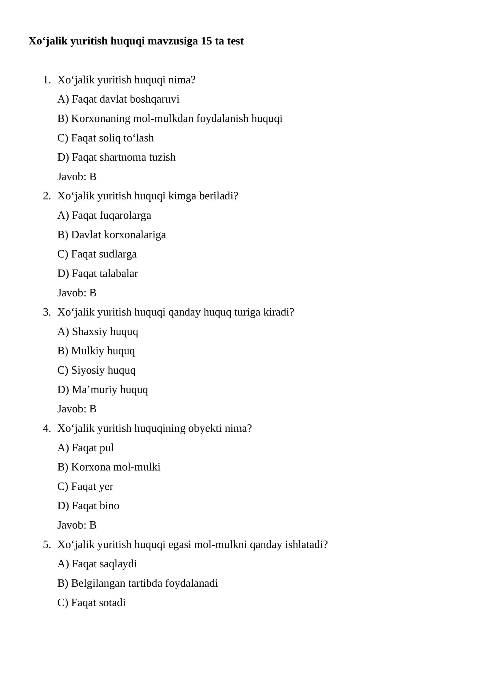 Xo‘jalik yuritish huquqi mavzusiga 15 ta test 1