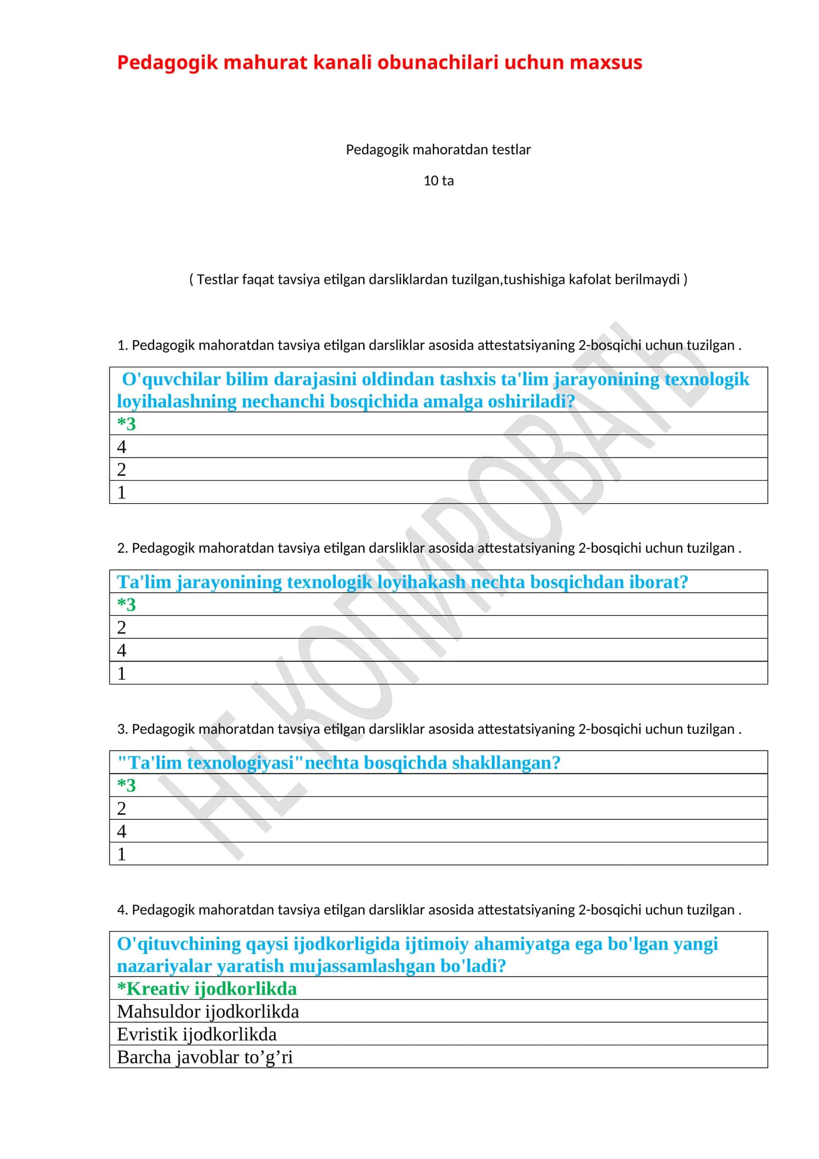 Pedagogik mahuratdan testlar 1