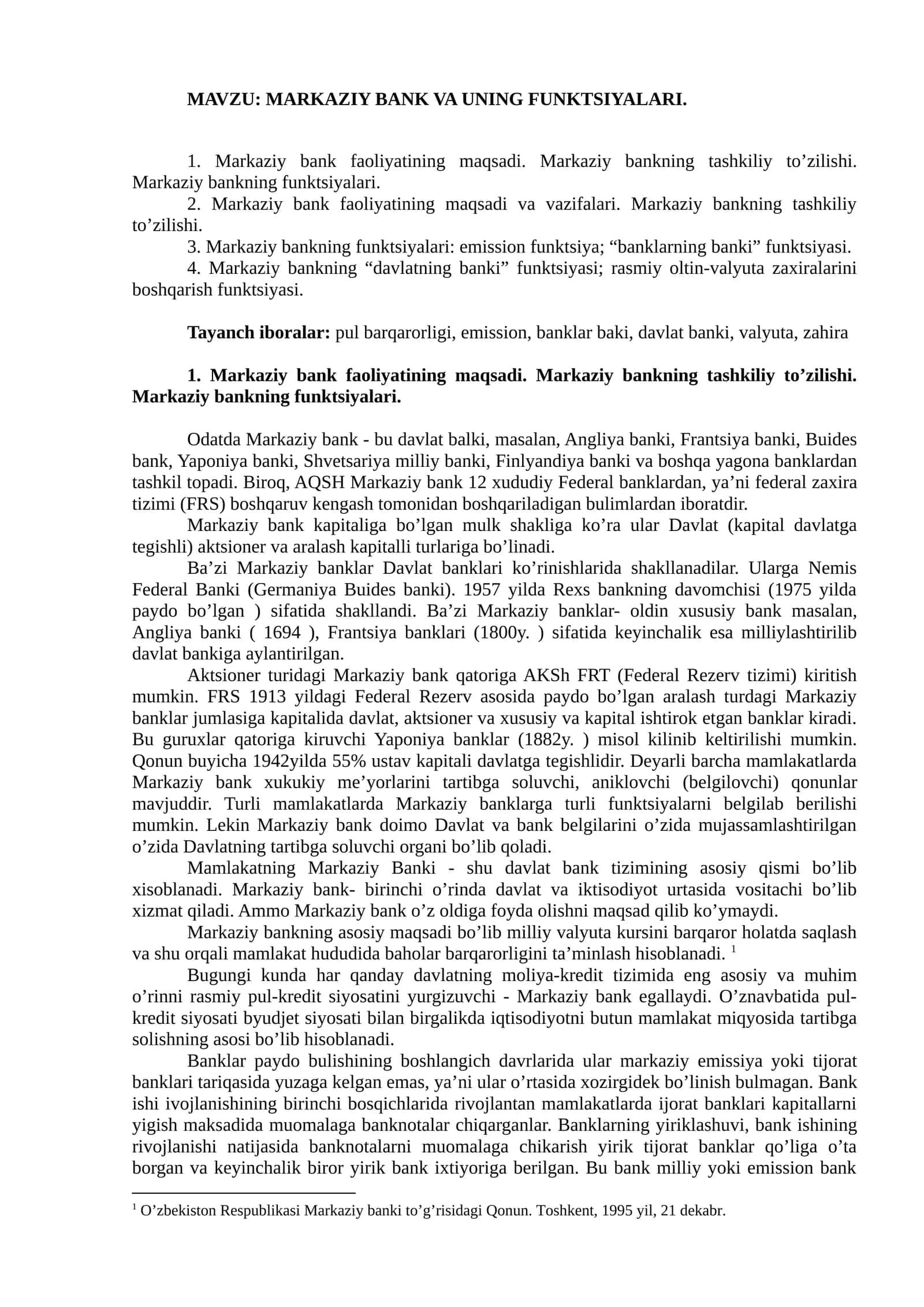MARKAZIY BANK VA UNING FUNKTSIYALARI 1