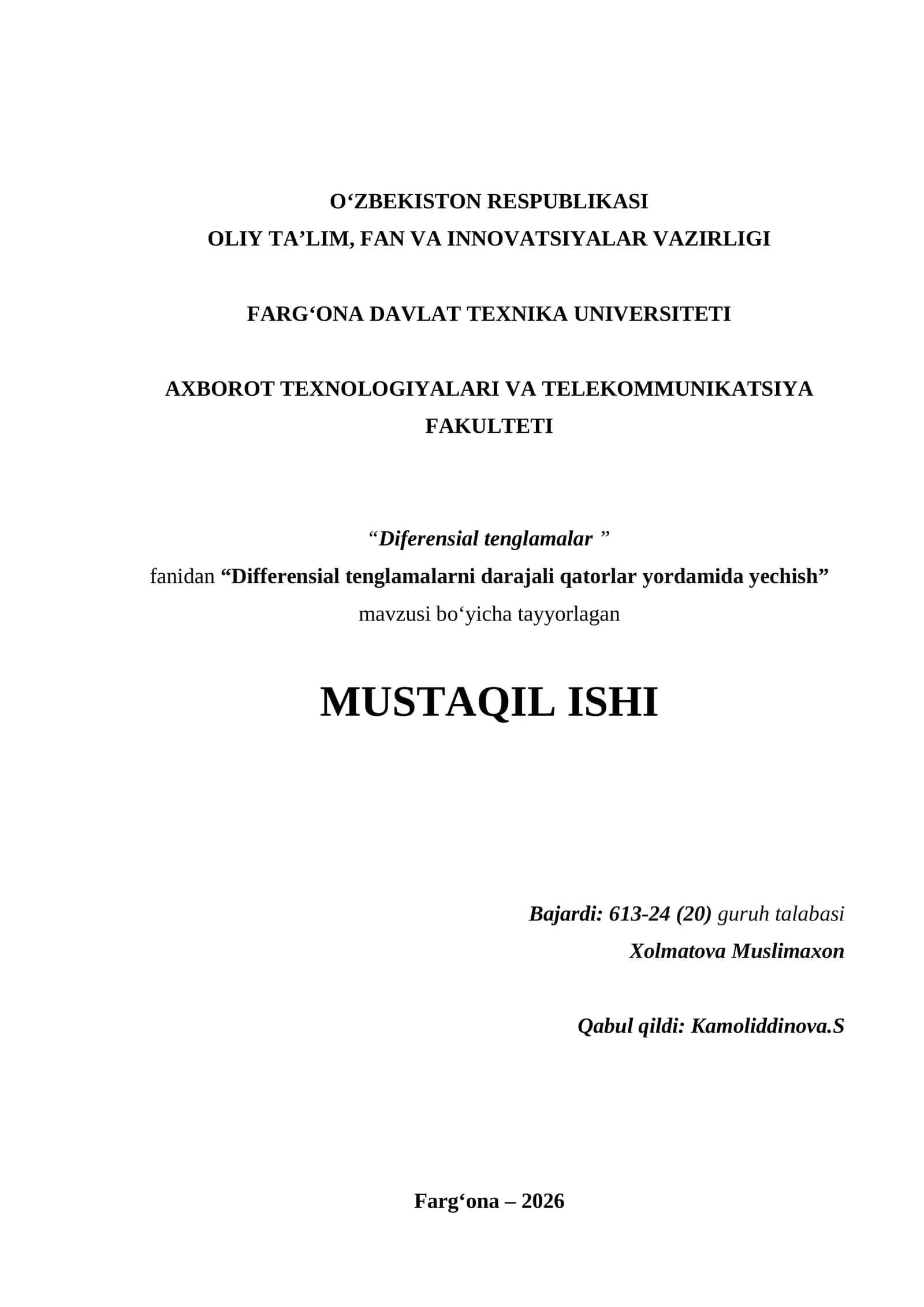 Differensial tenglamalarni darajali qatorlar yordamida yechish 1
