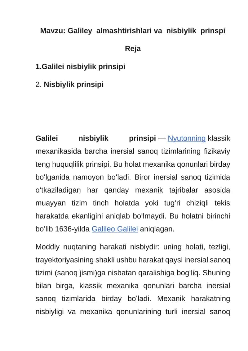 Galiley almashtirishlari va nisbiylik prinspi 1