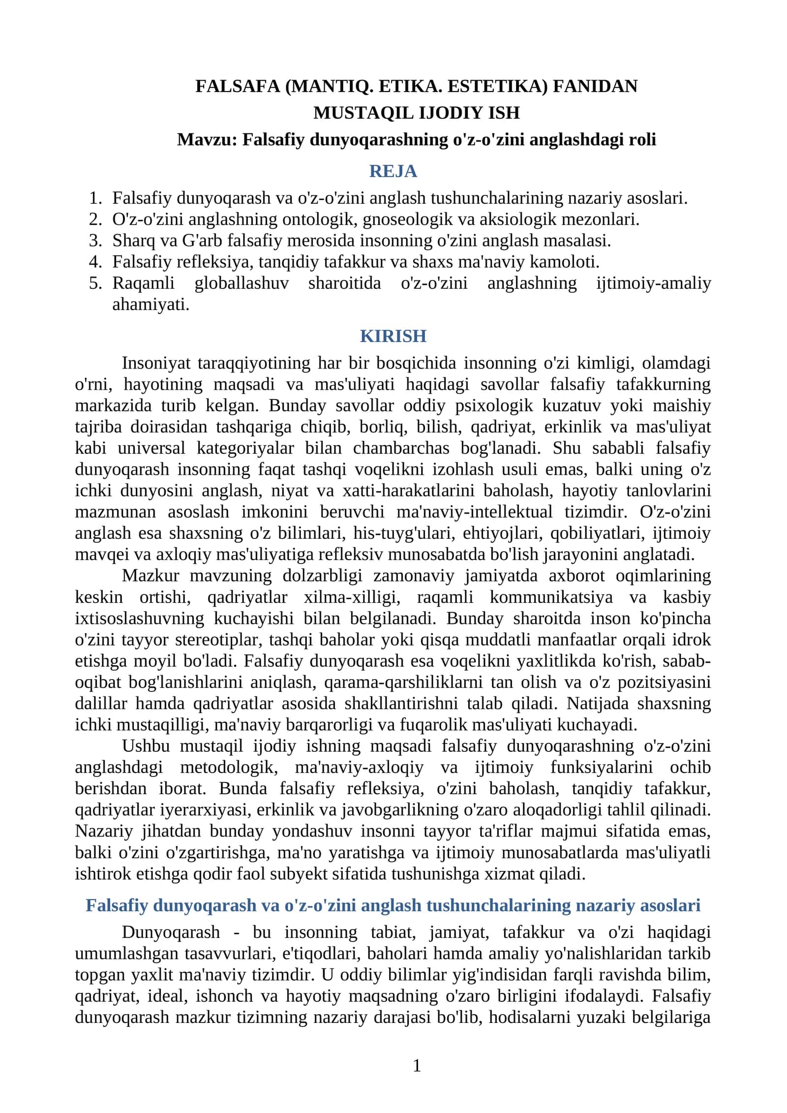 Falsafiy dunyoqarashning o'z-o'zini anglashdagi roli 1