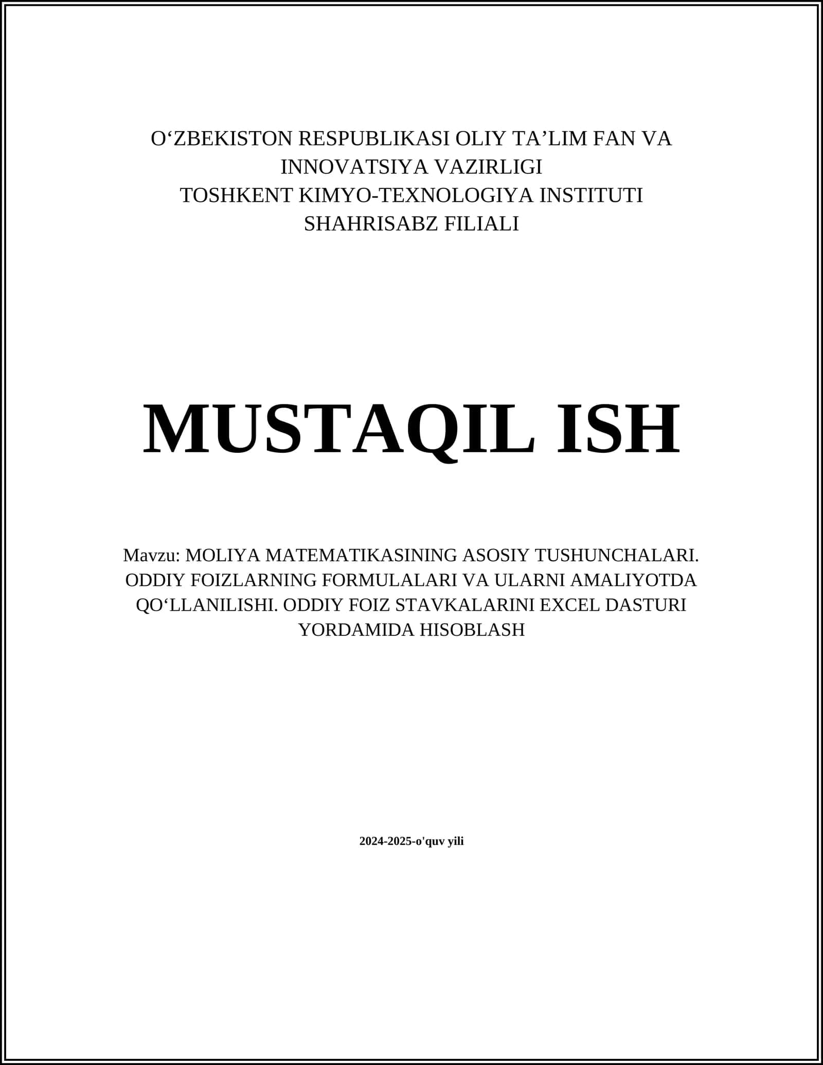 Moliya matematikasining asosiy tushunchalari 1