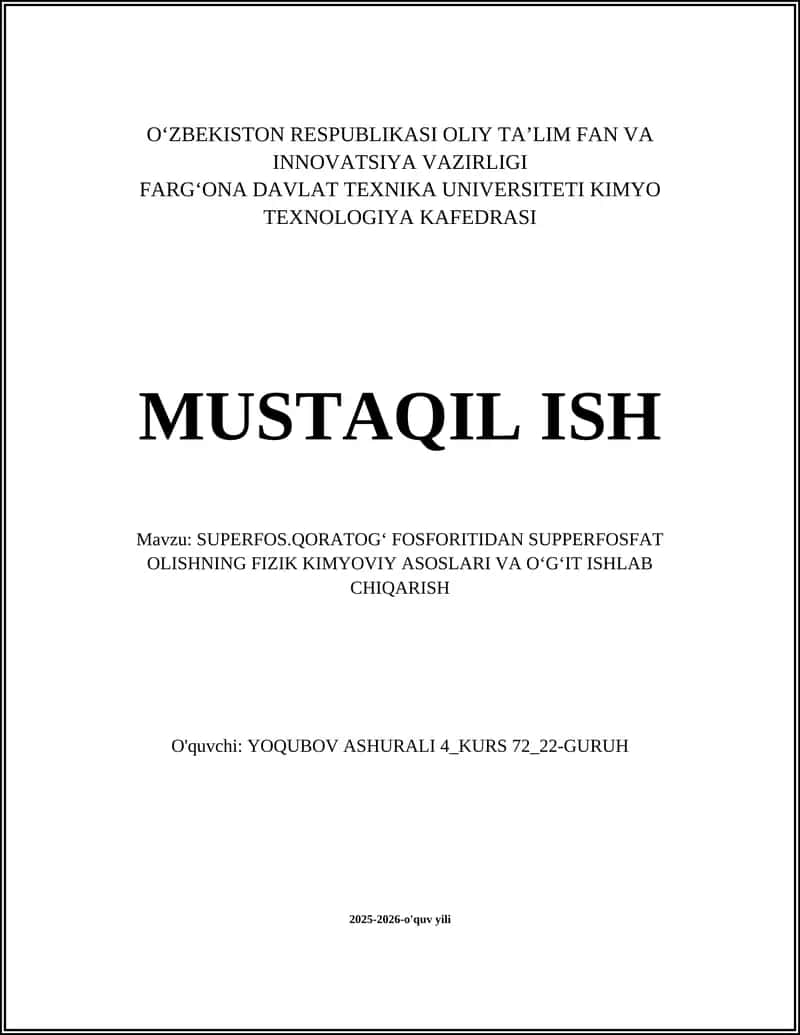 SUPERFOS.QORATOGʻ FOSFORITIDAN SUPFERFOSFAT OLISH 1