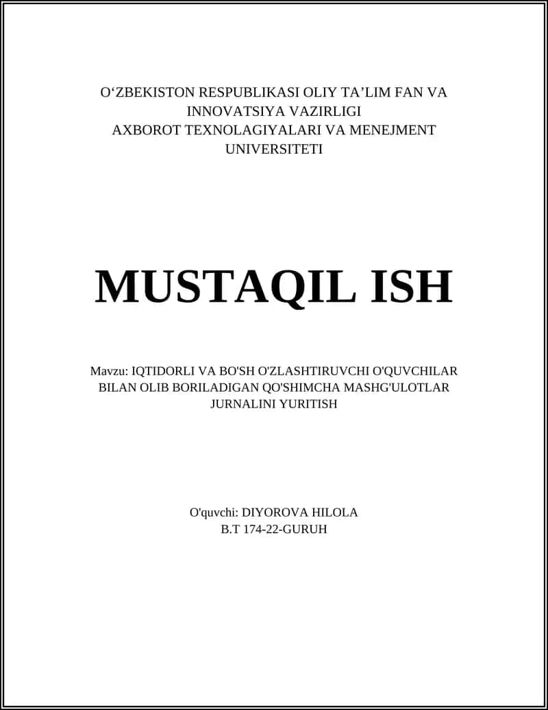 Qo'shimcha Mashg'ulotlar Jurnali 1