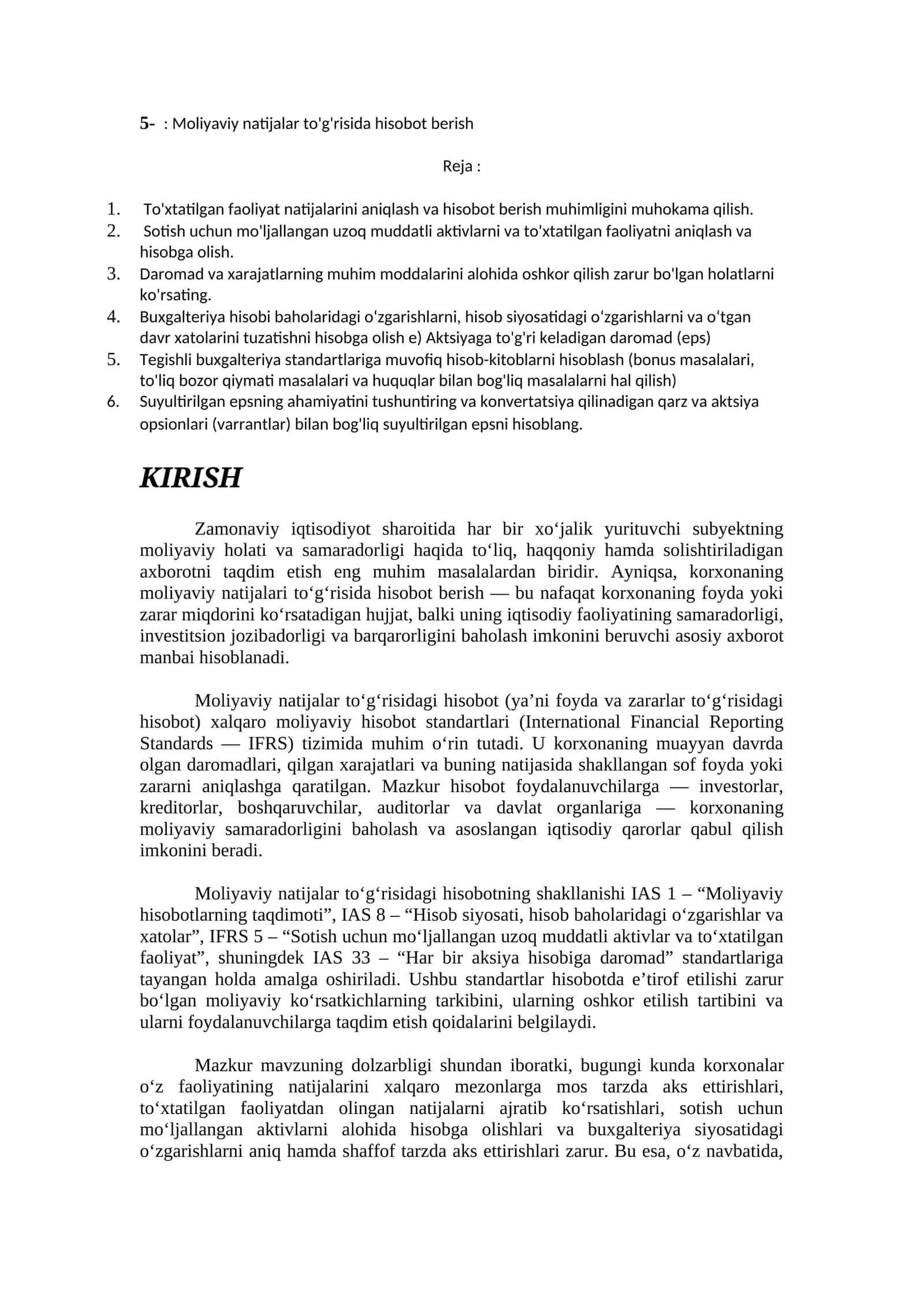 Moliyaviy natijalar to'g'risida hisobot berish 1