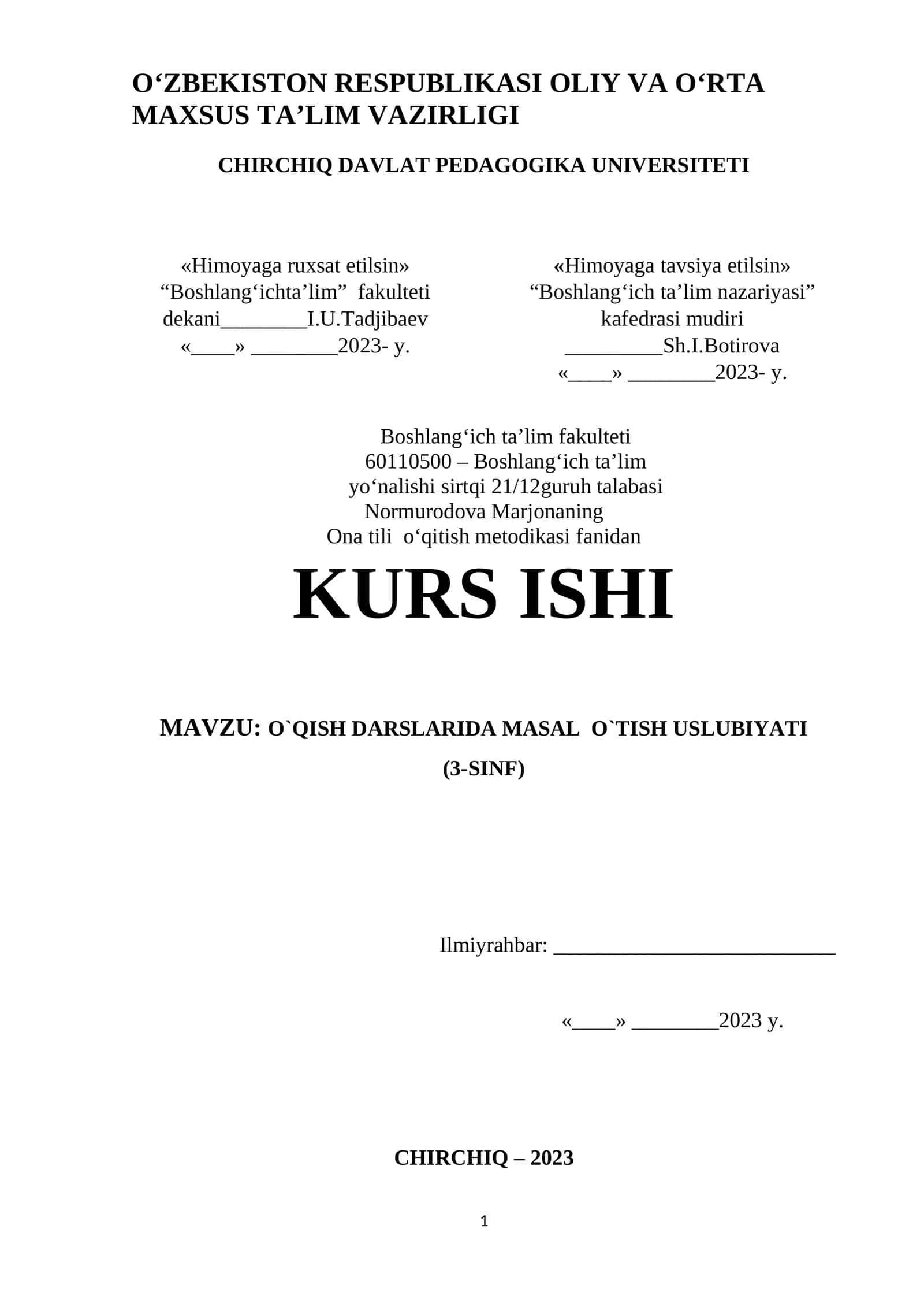 O`QISH DARSLARIDA MASAL O`TISH USLUBIYATI (3-SINF) 1