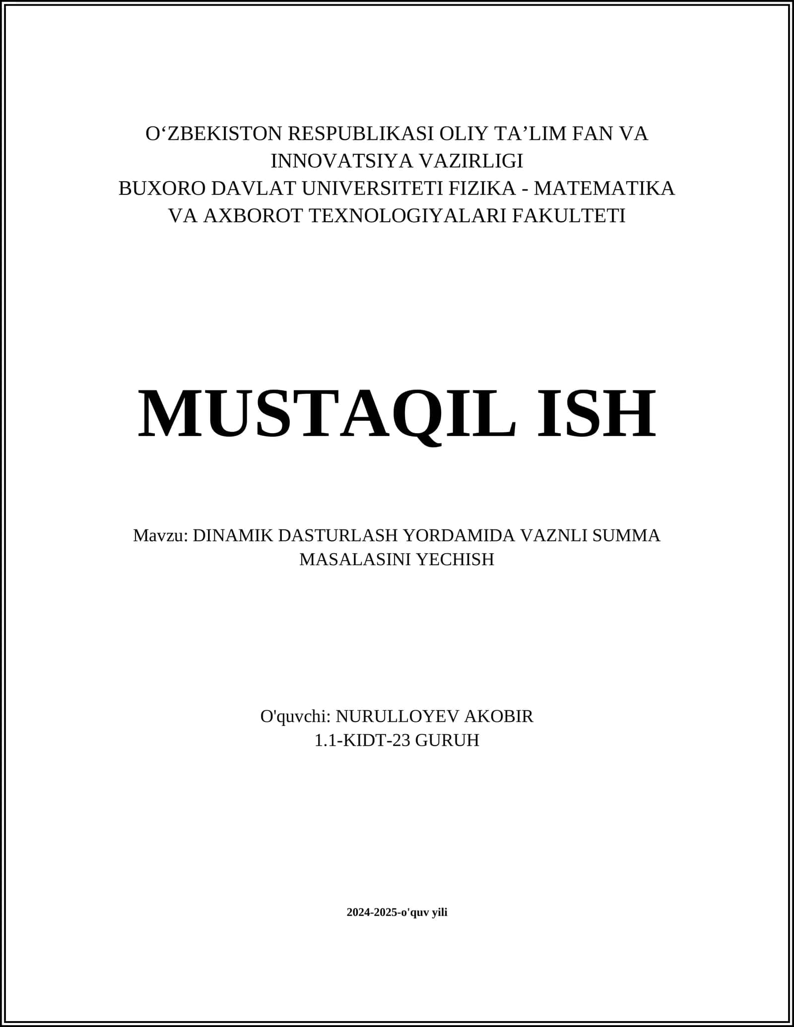 DINAMIK DASTURLASH YORDAMIDA VAZNLI SUMMA MASALASINI YECHISH 1