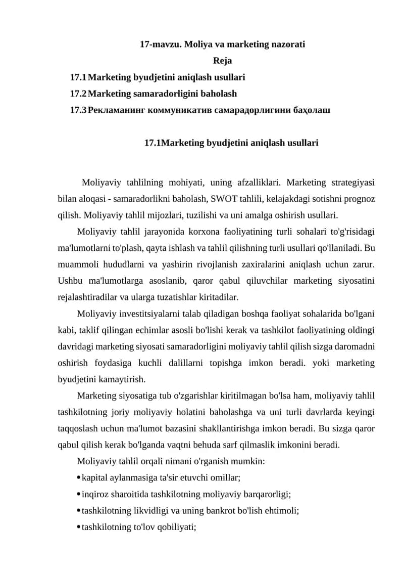 Marketing byudjetini aniqlash usullari 1