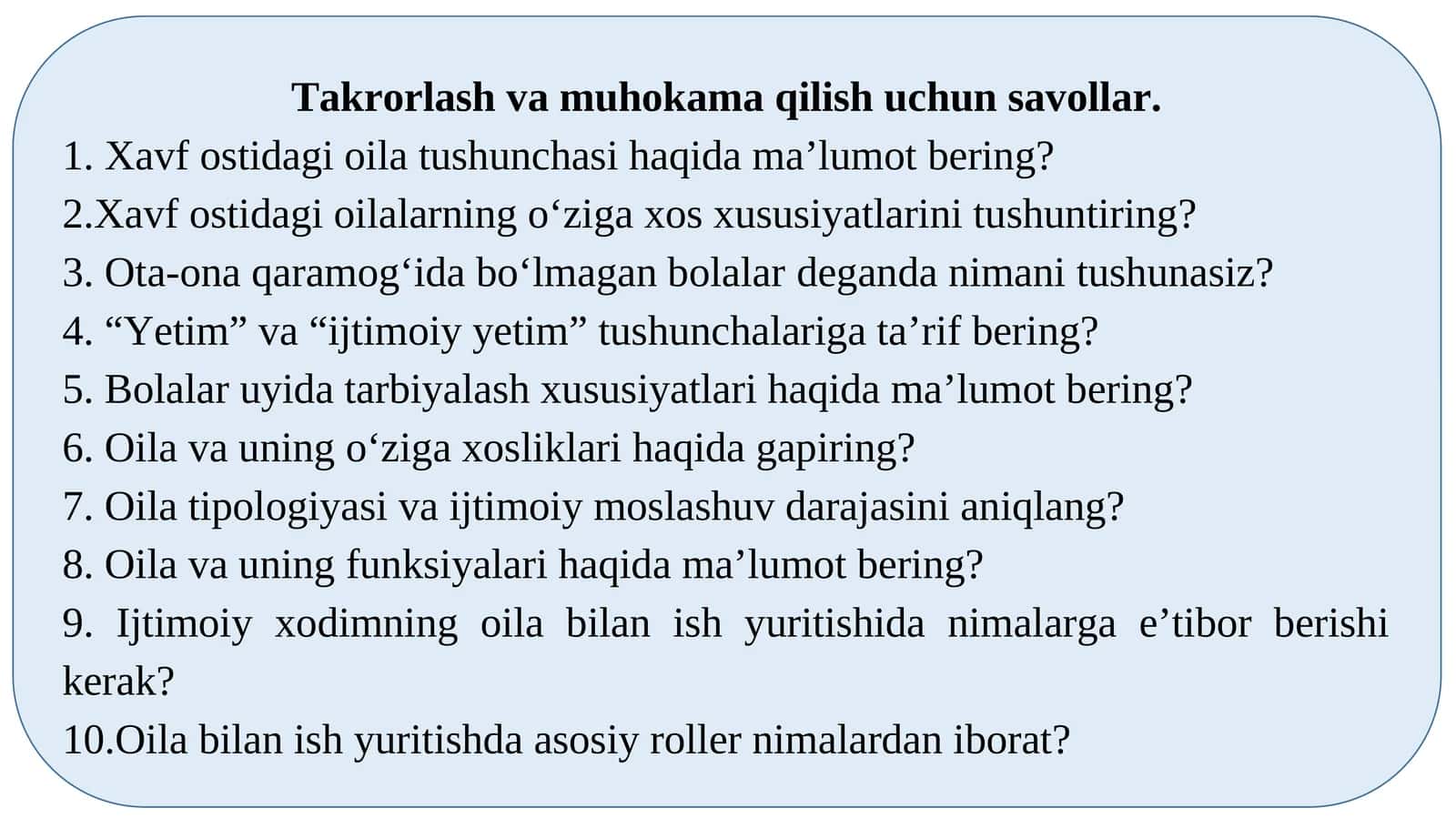 Takrorlash va muhokama qilish uchun savollar 1