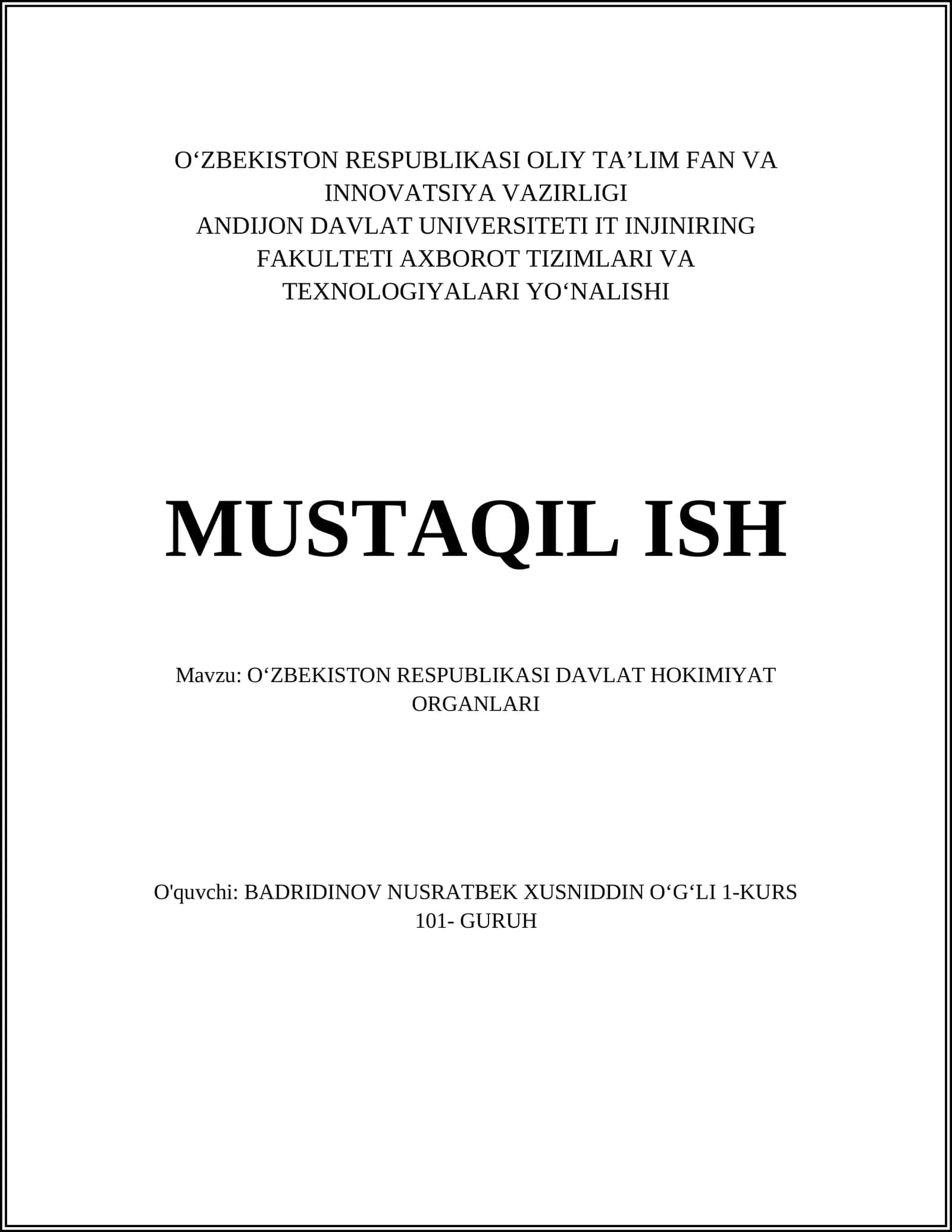 OʻZBEKISTON RESPUBLIKASI DAVLAT HOKIMIYAT ORGANLARI 1
