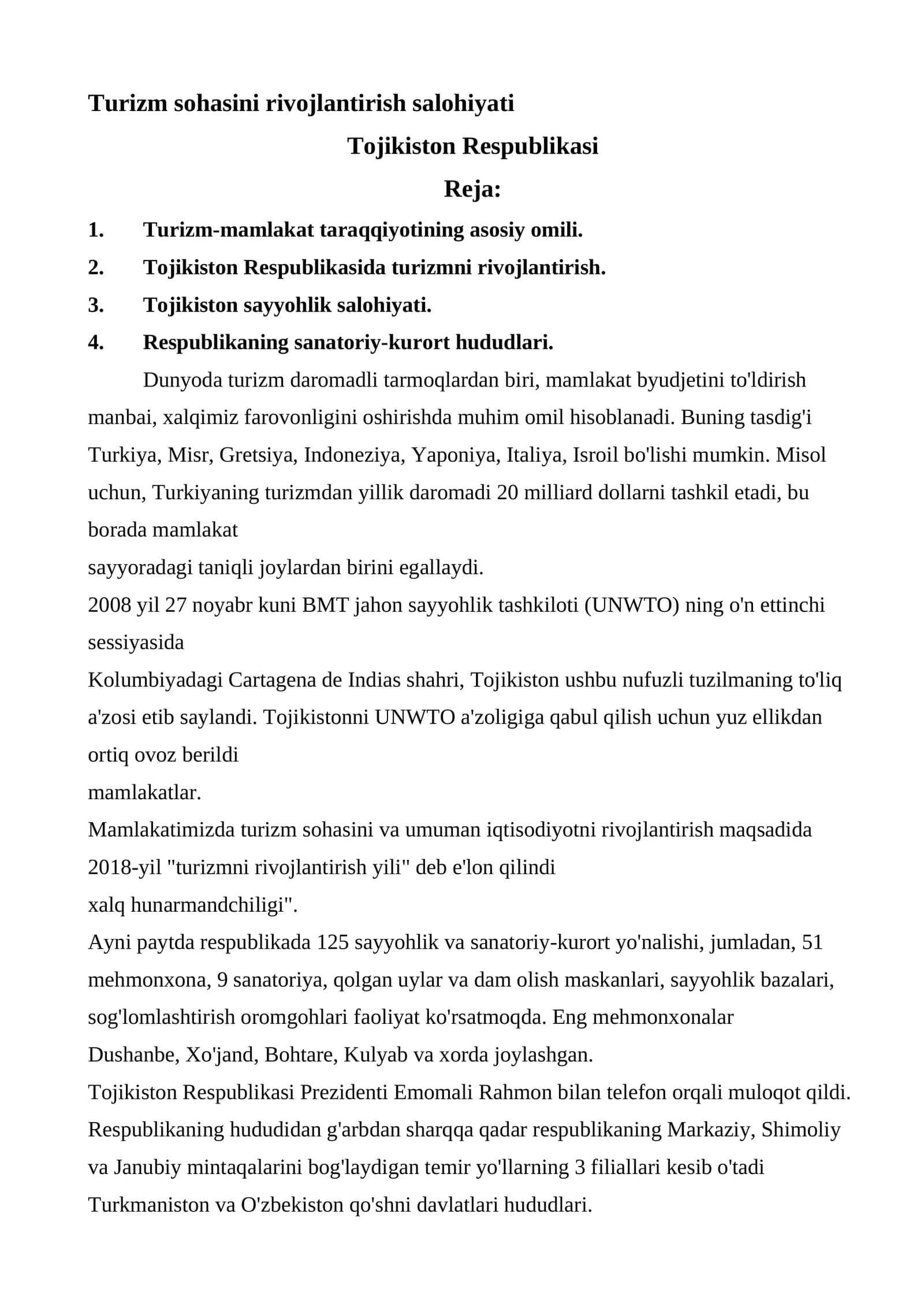 Turizm sohasini rivojlantirish salohiyati 1