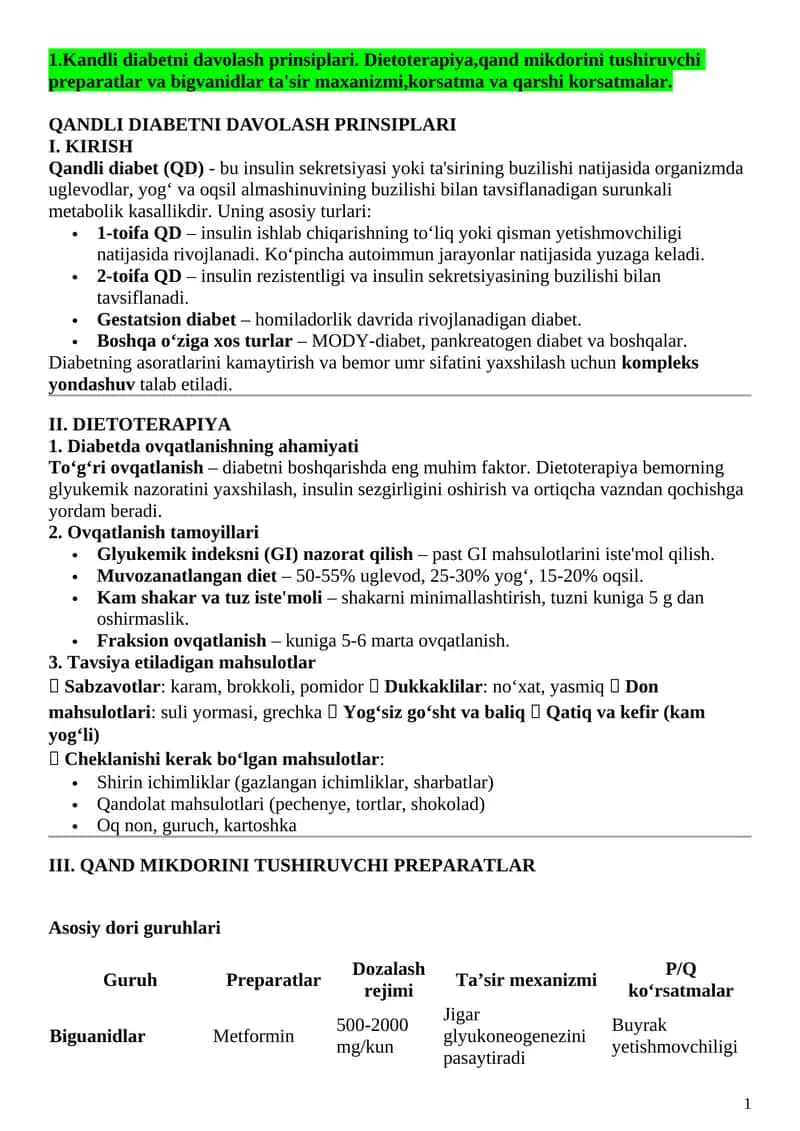 Qandli diabetni davolash prinsiplari 1
