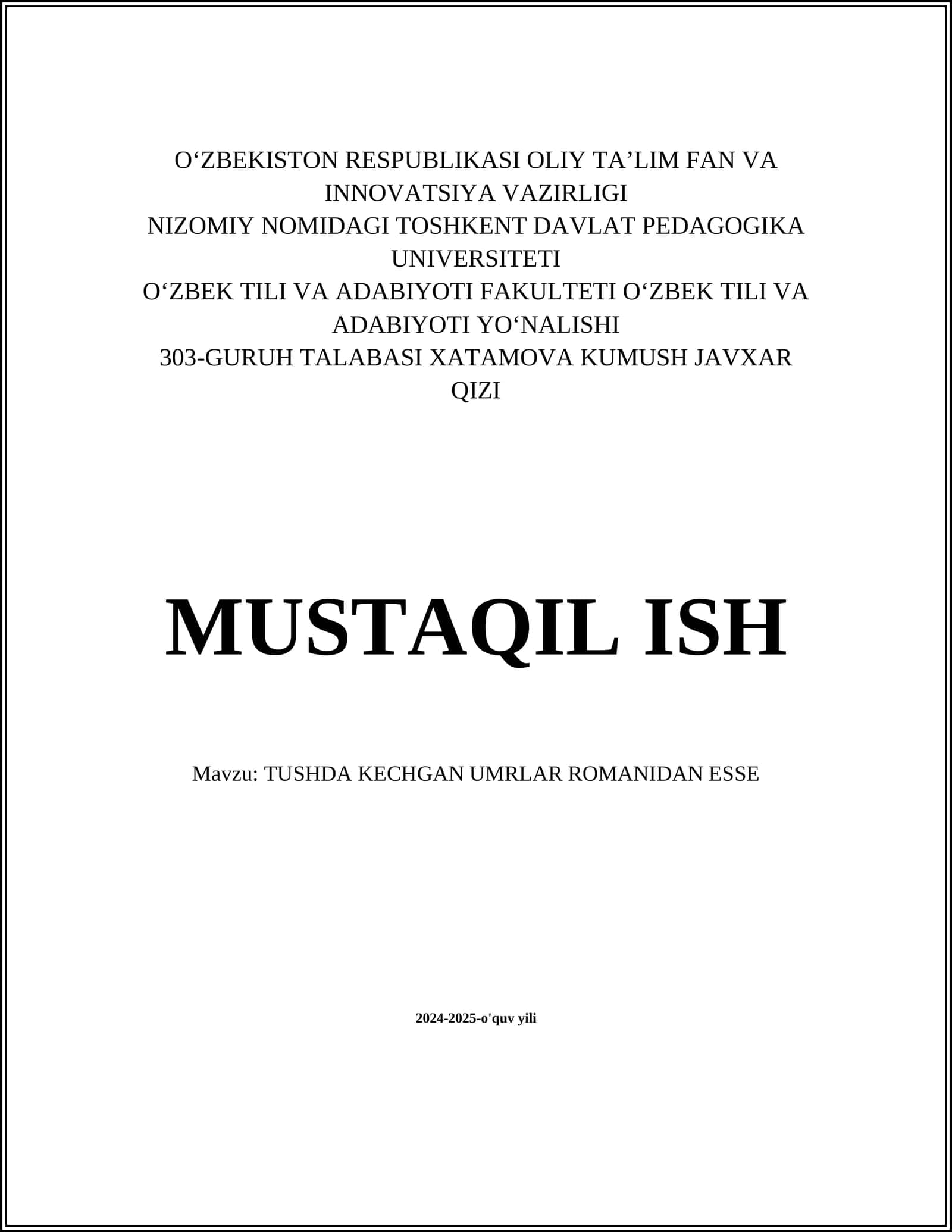 TUSHDA KECHGAN UMRLAR ROMANIDAN ESSE 1