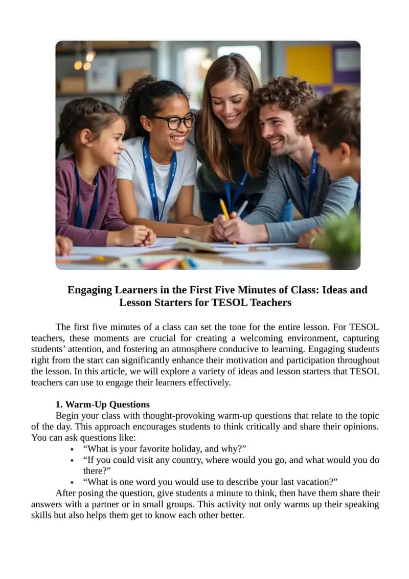 Engaging Learners in the First Five Minutes of Class: Ideas and Lesson Starters for TESOL Teachers 1