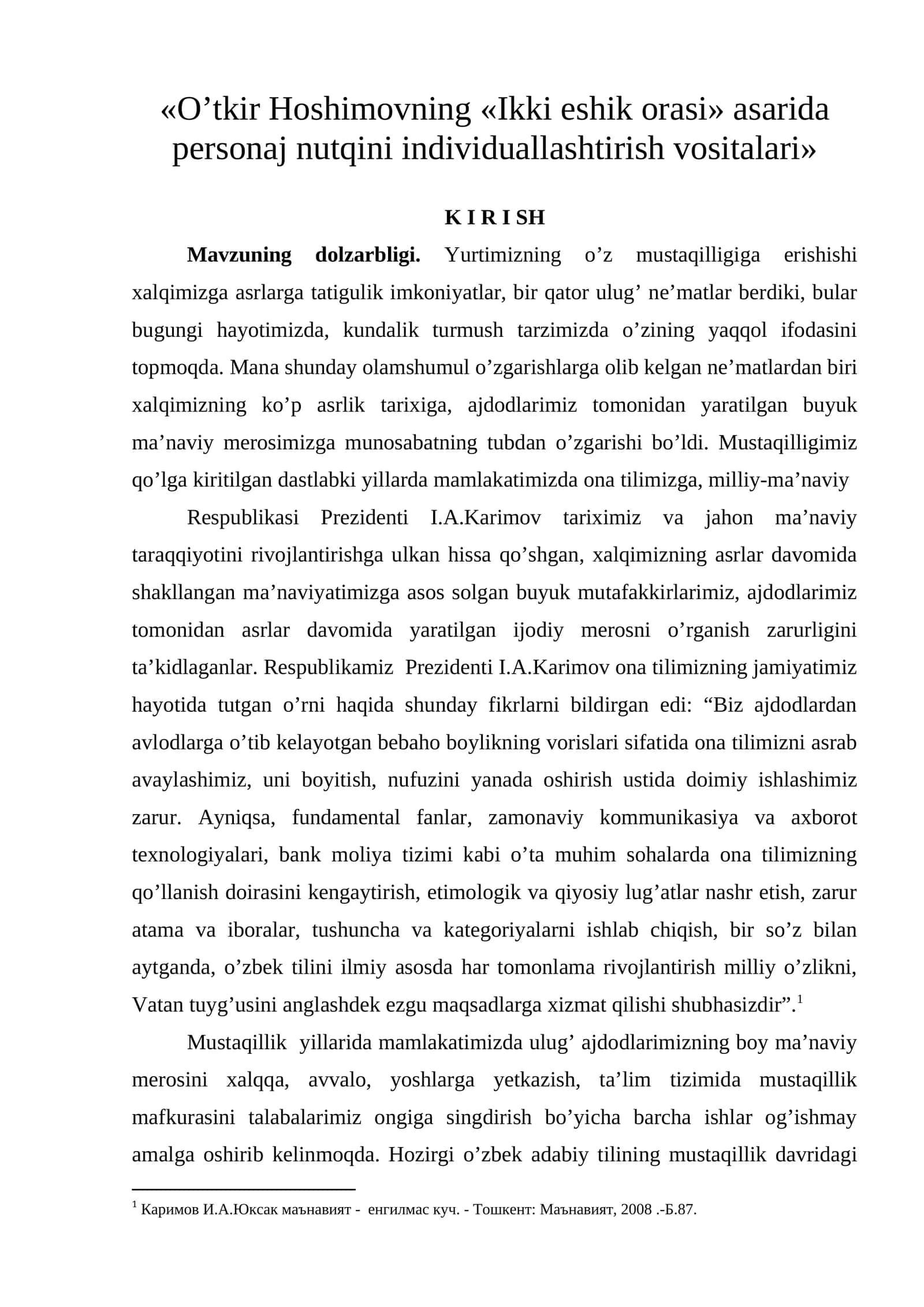 «O’tkir Hoshimovning «Ikki eshik orasi» asarida personaj nutqini individuallashtirish vositalari» 1