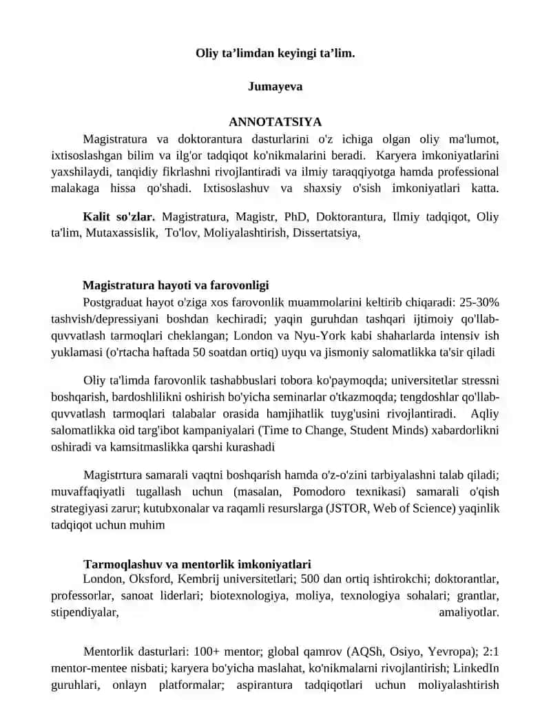 Magistratura va doktorantura dasturlari