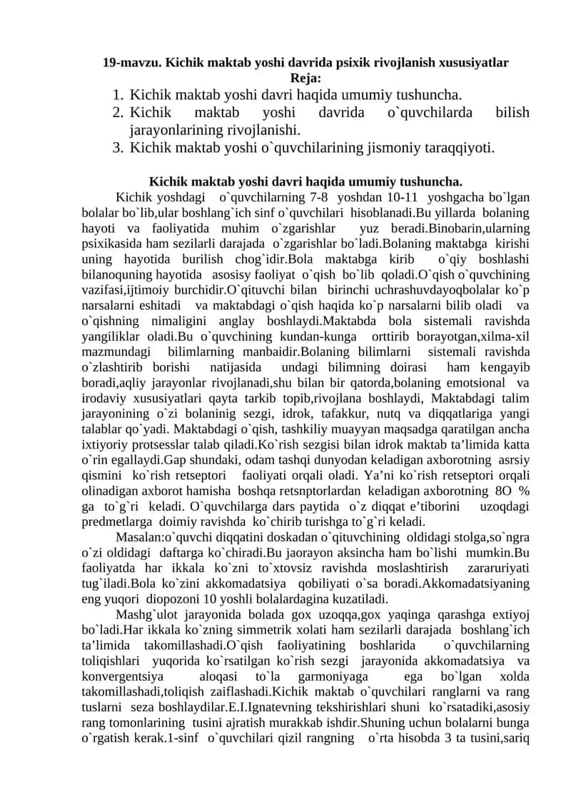 Kichik maktab yoshi davrida psixik rivojlanish xususiyatlar 1