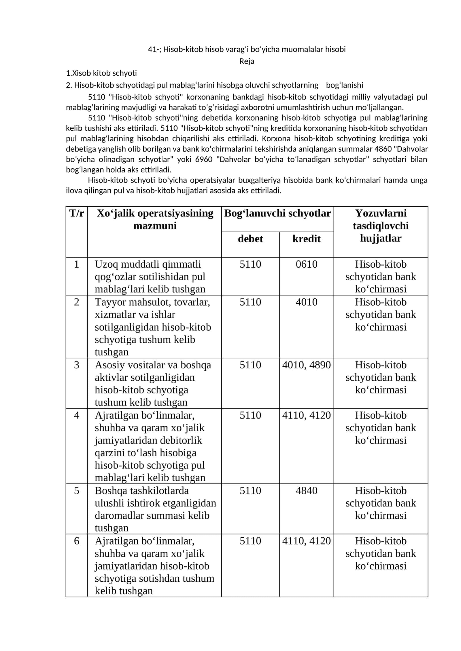 Hisob-kitob hisob varag‘i bo‘yicha muomalalar hisobi 1