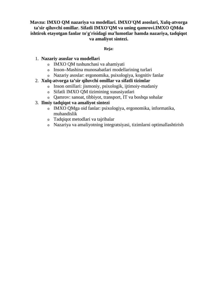 IMXO QM nazariya va modellari 1