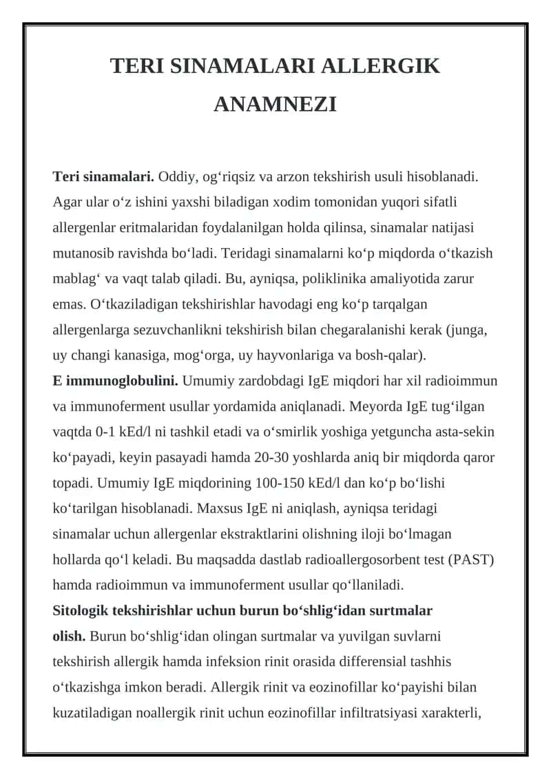 TERI SINAMALARI ALLERGIK ANAMNEZI 1