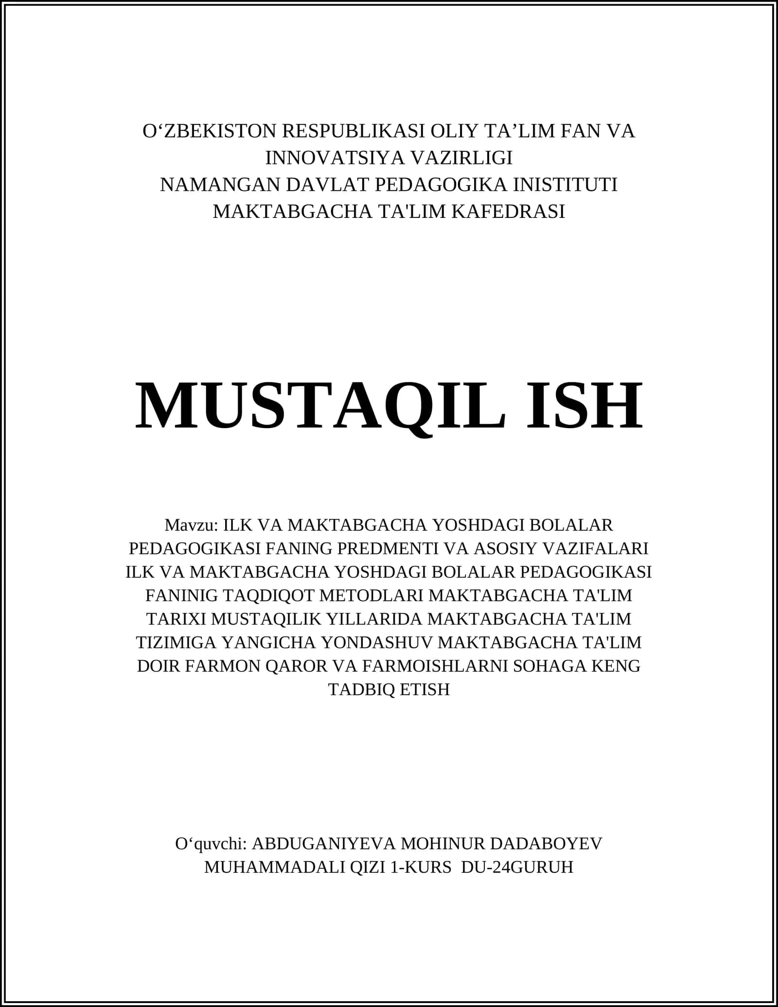 ILK VA MAKTABGACHA YOSHDAGI BOLALAR PEDAGOGIKASI FANING PREDMENTI 1