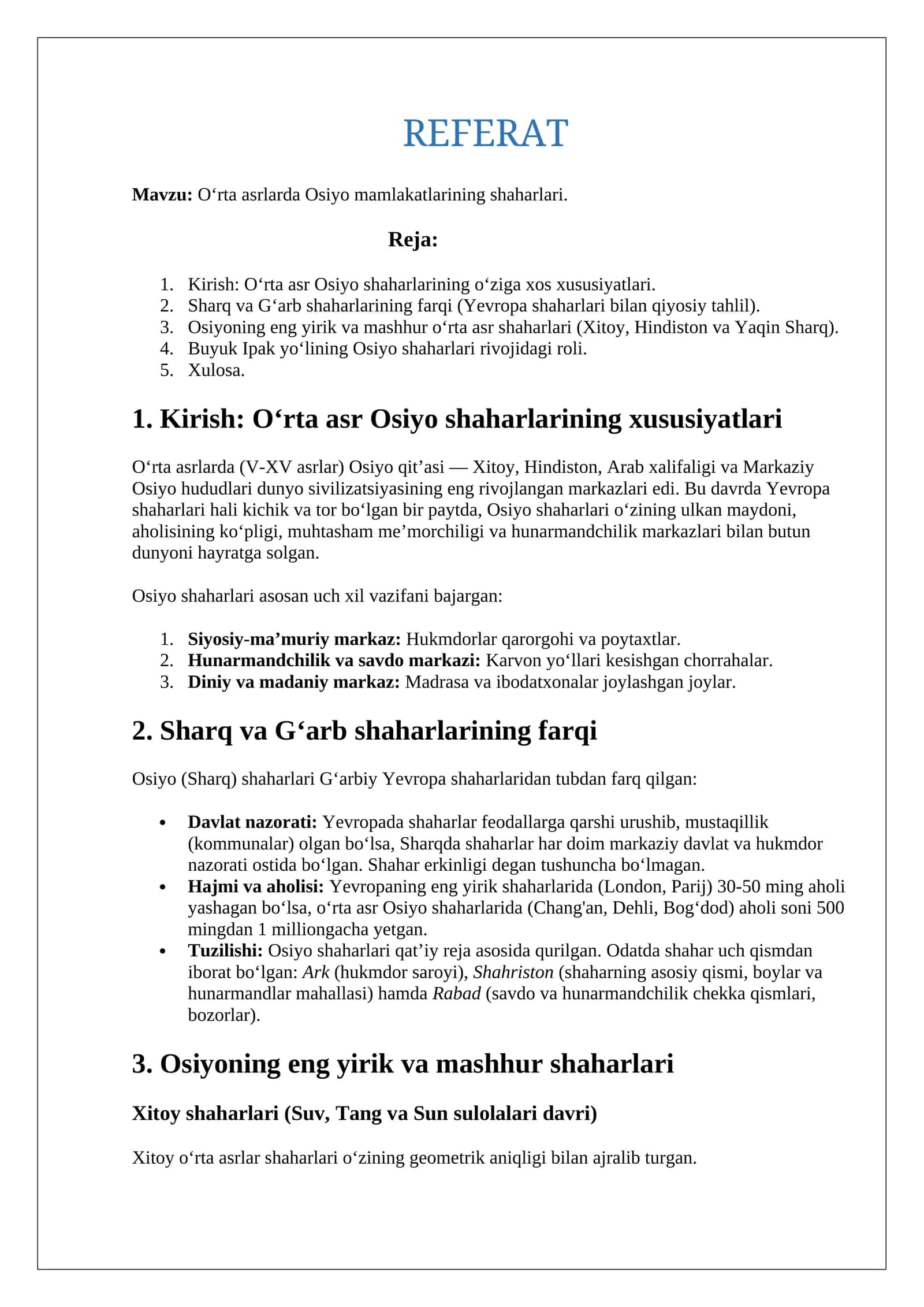 Oʻrta asrlarda Osiyo mamlakatlarining shaharlari 1