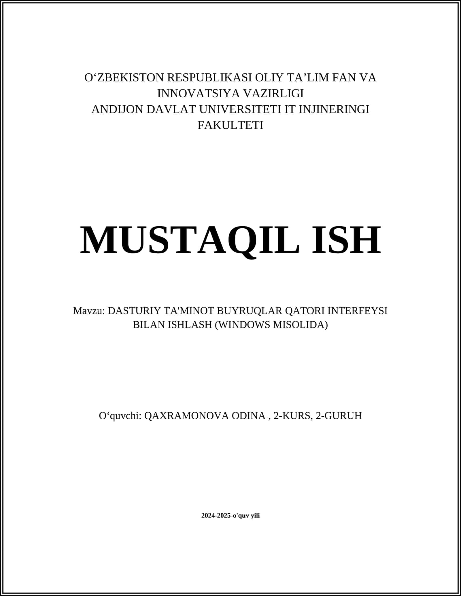 DASTURIY TA'MINOT BUYRUQLAR QATORI INTERFEYSI BILAN ISHLASH (WINDOWS MISOLIDA) 1