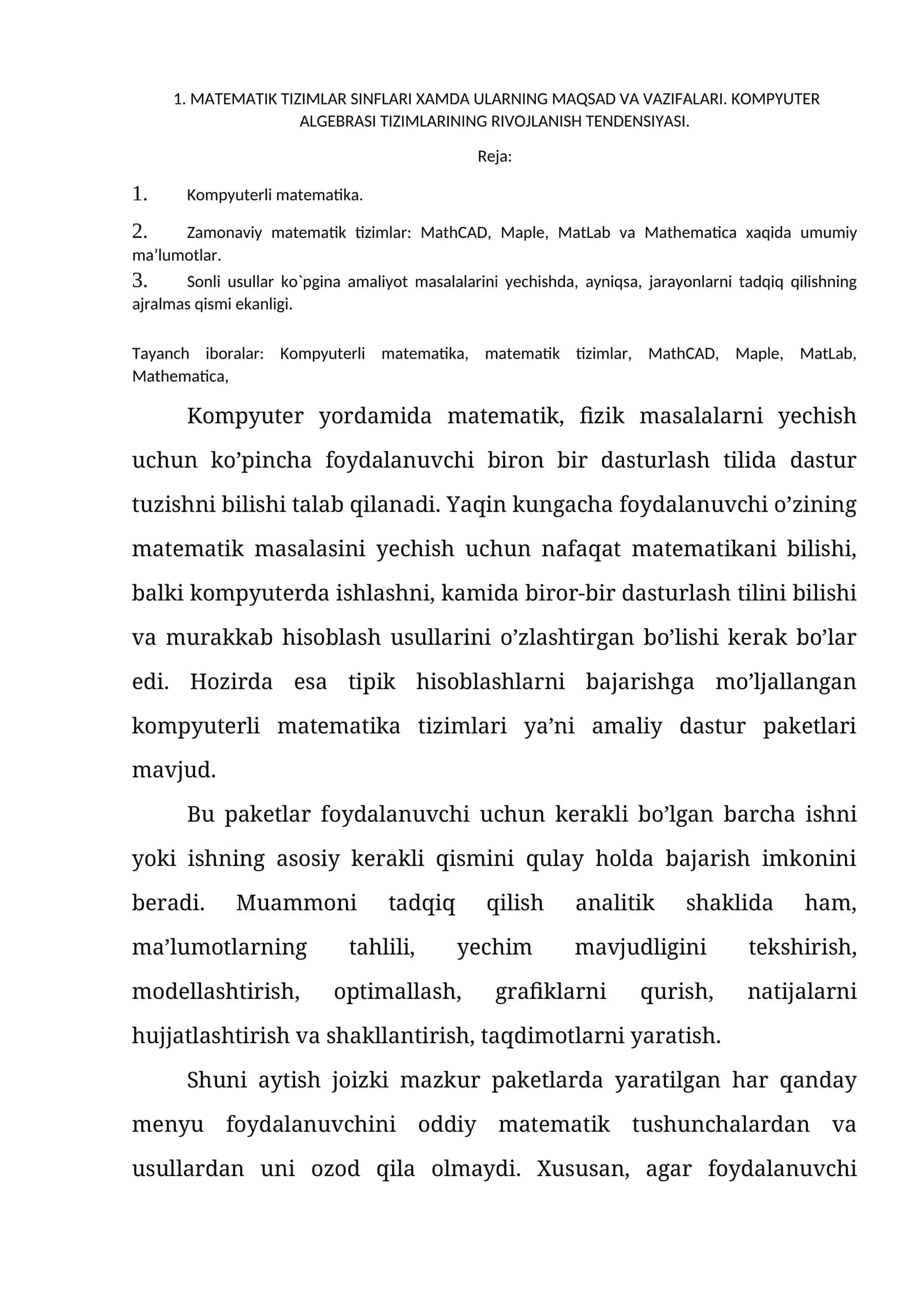 Matematik Tizimlar va Kompyuterli Matematika 1