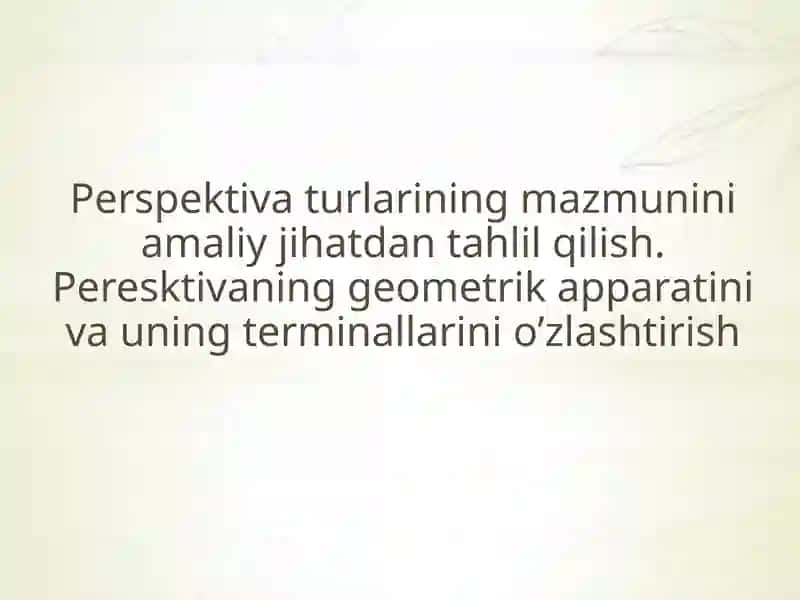 Perspektiva turlarining mazmunini amaliy jihatdan tahlil qilish. Peresktivaning geometrik apparatini va uning terminallarini o’zlashtirish