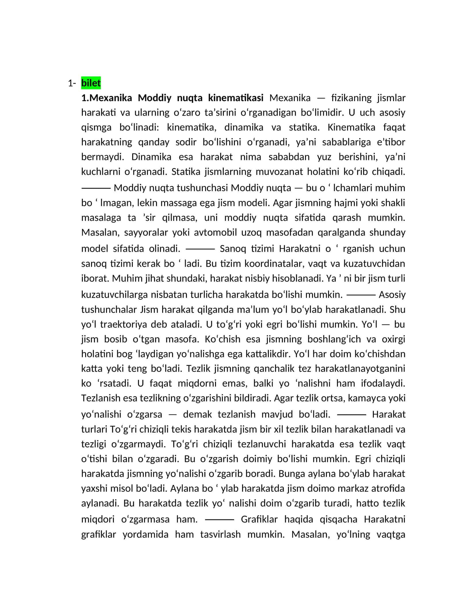 bilet 1.Mexanika Moddiy nuqta kinematikasi 1