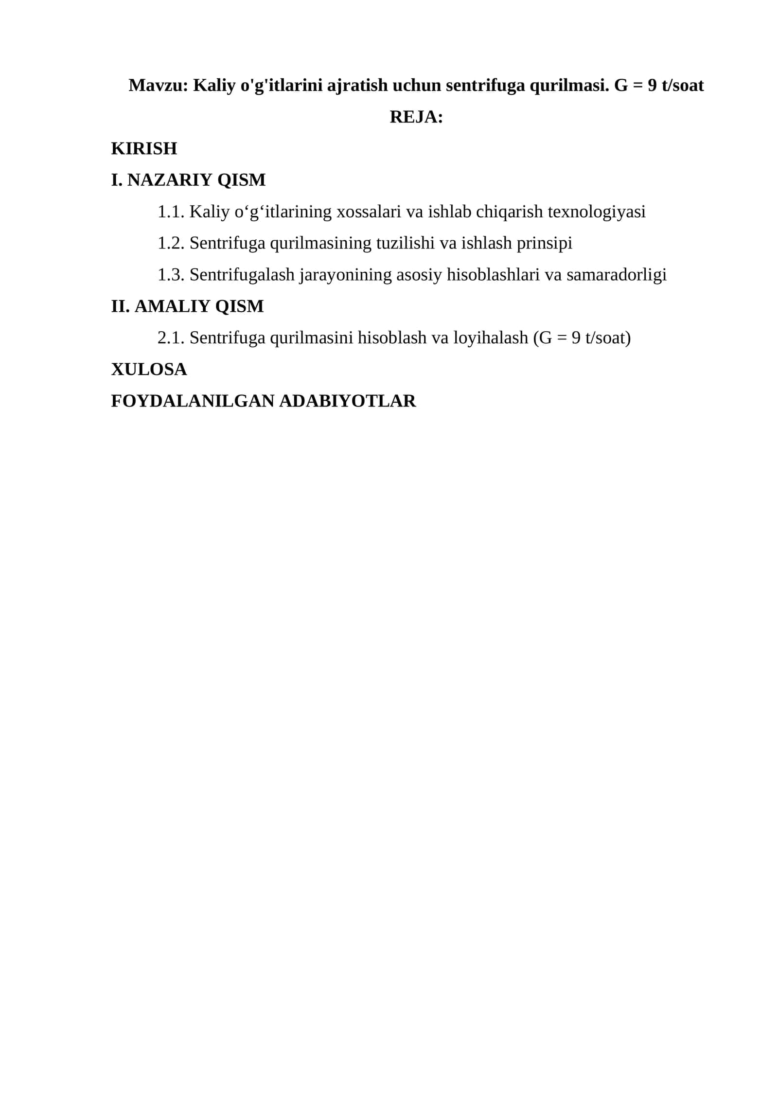 Kaliy o'g'itlarini ajratish uchun sentrifuga qurilmasi. G = 9 t/soat 1