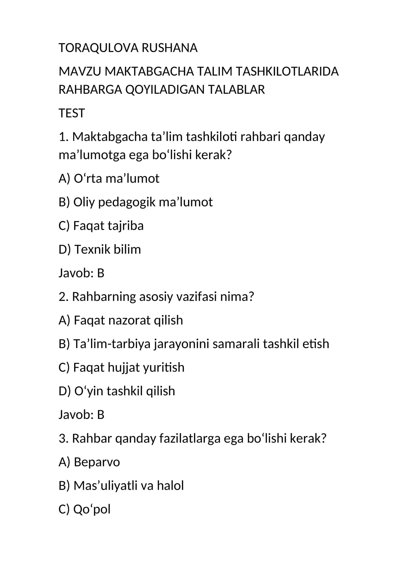 MAKTABGACHA TALIM TASHKILOTLARIDA RAHBARGA QOYILADIGAN TALABLAR 1