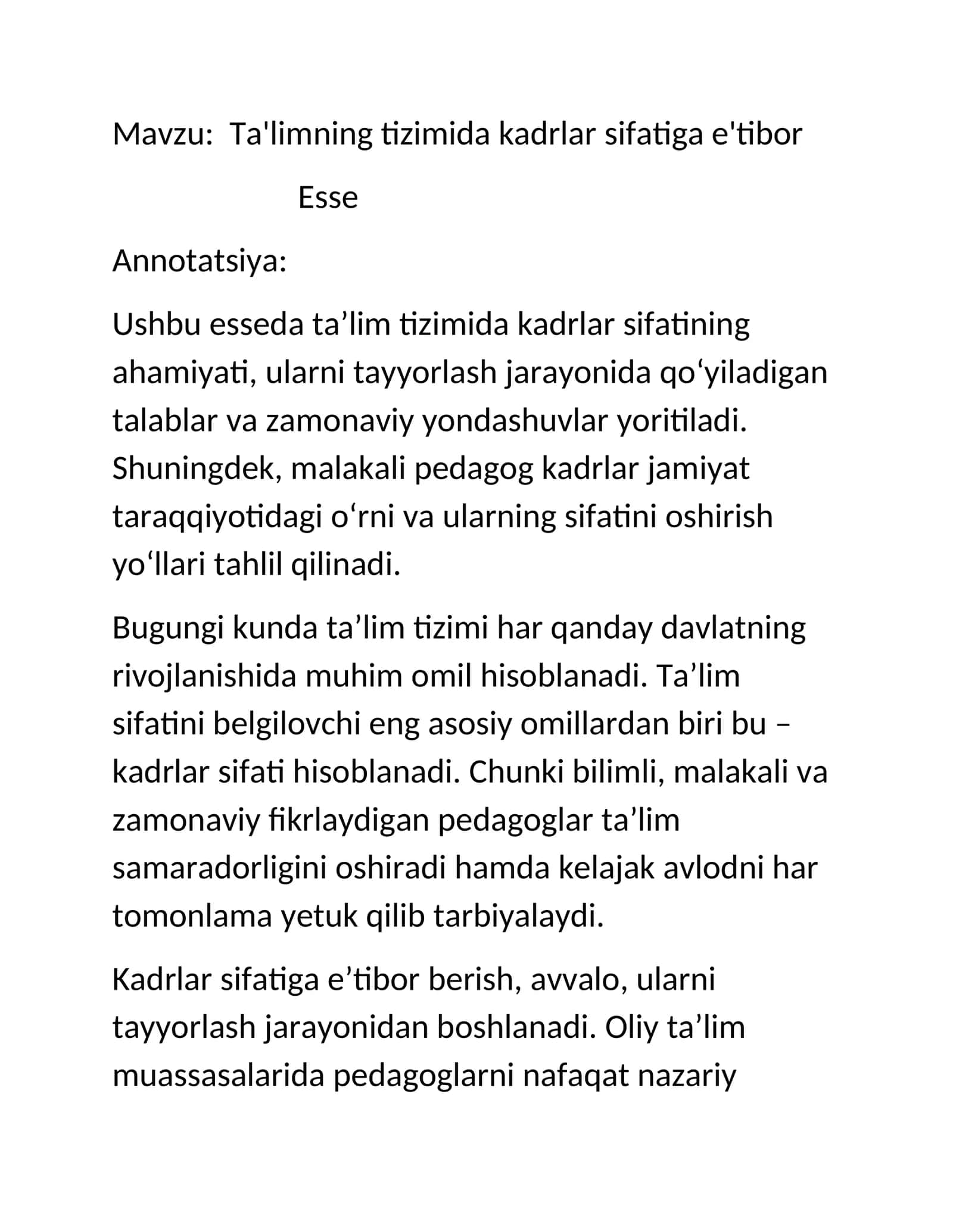 Ta'limning tizimida kadrlar sifatiga e'tibor 1