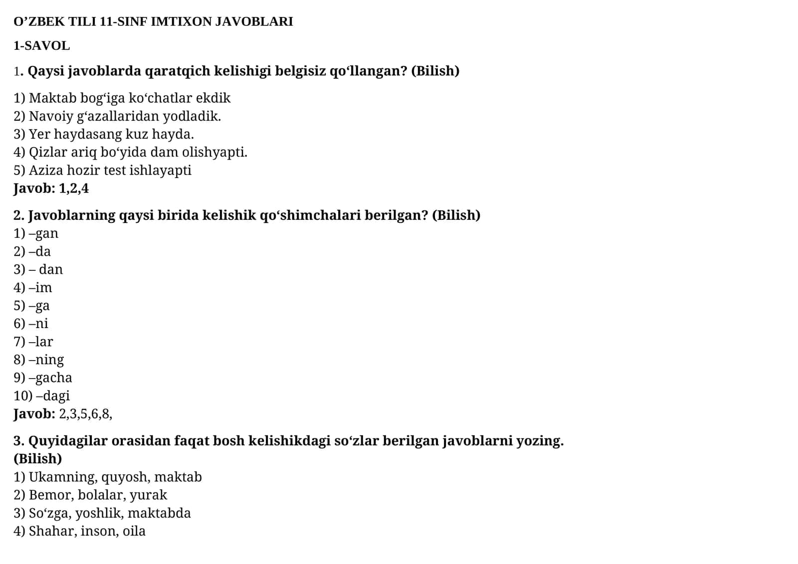 O’ZBEK TILI 11-SINF IMTIXON JAVOBLARI 1