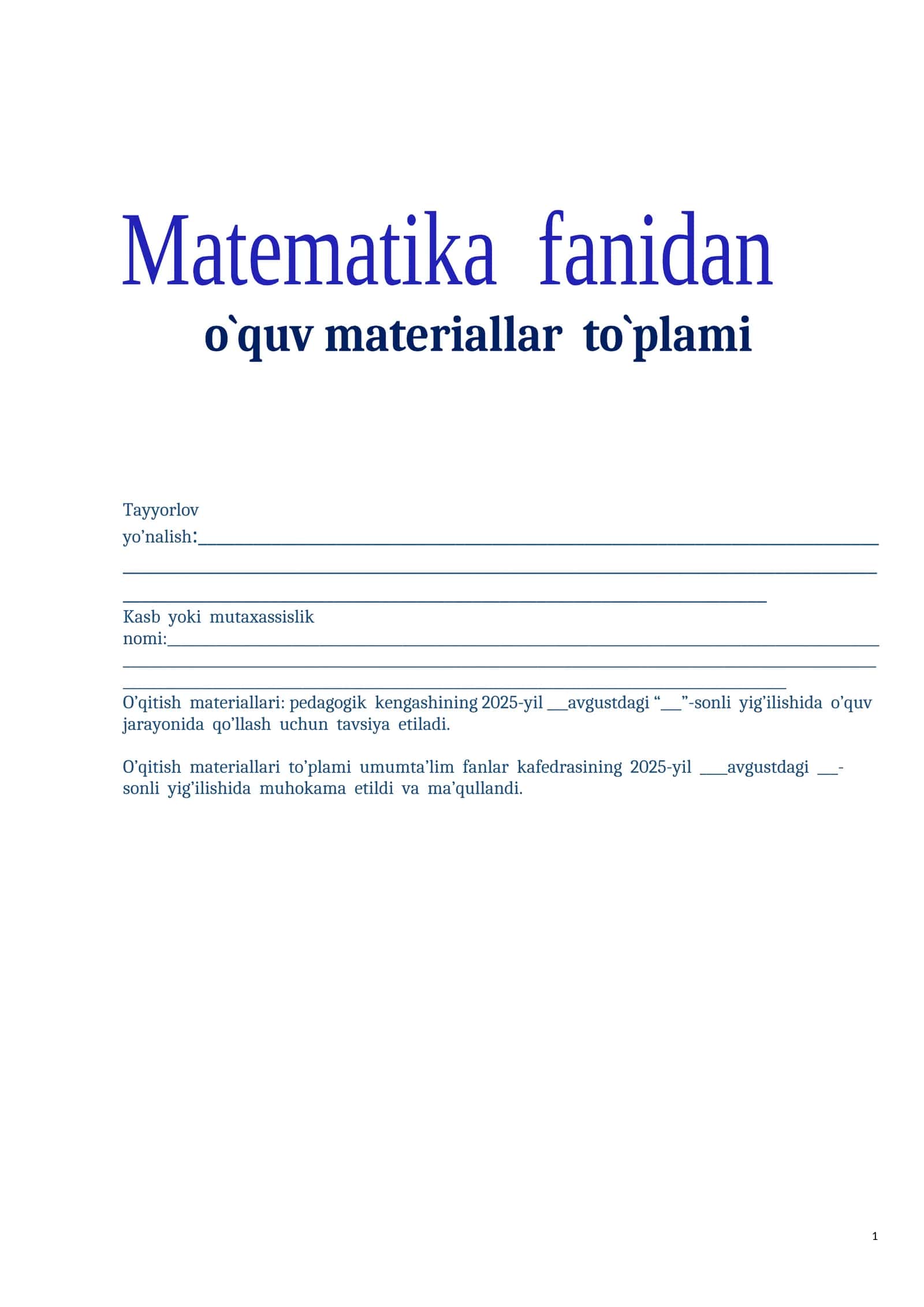 Matemetika fanidan o'qitish materiallari (2-kurs texnikum va kollejlar uchun) 1
