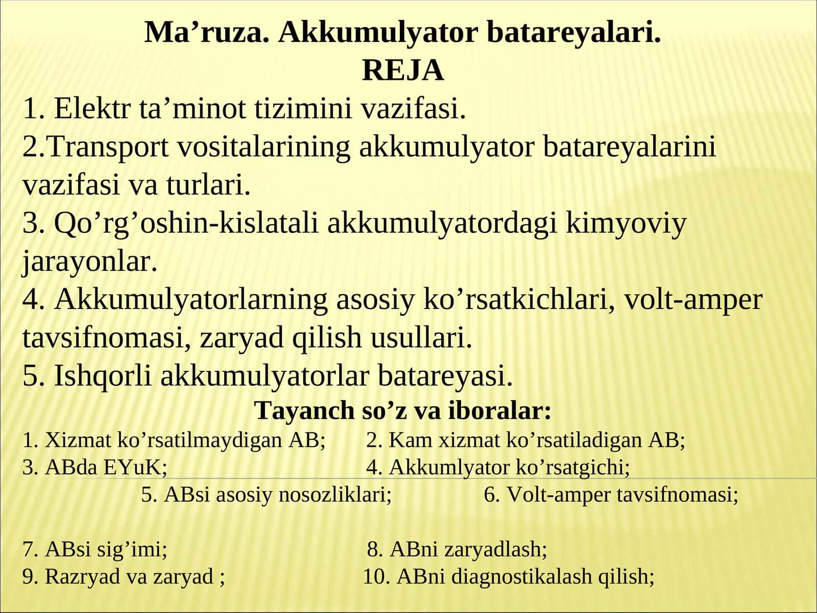 Ma’ruza. Akkumulyator batareyalari 1