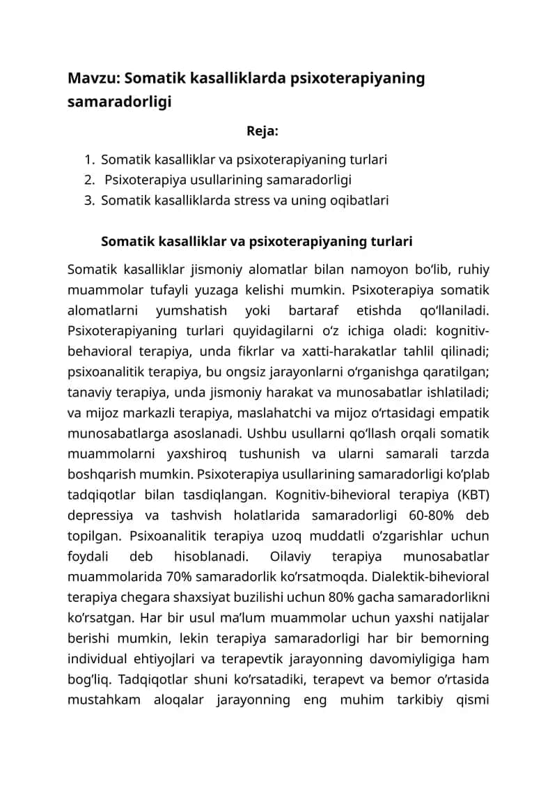 Somatik kasalliklarda psixoterapiyaning samaradorligi 1
