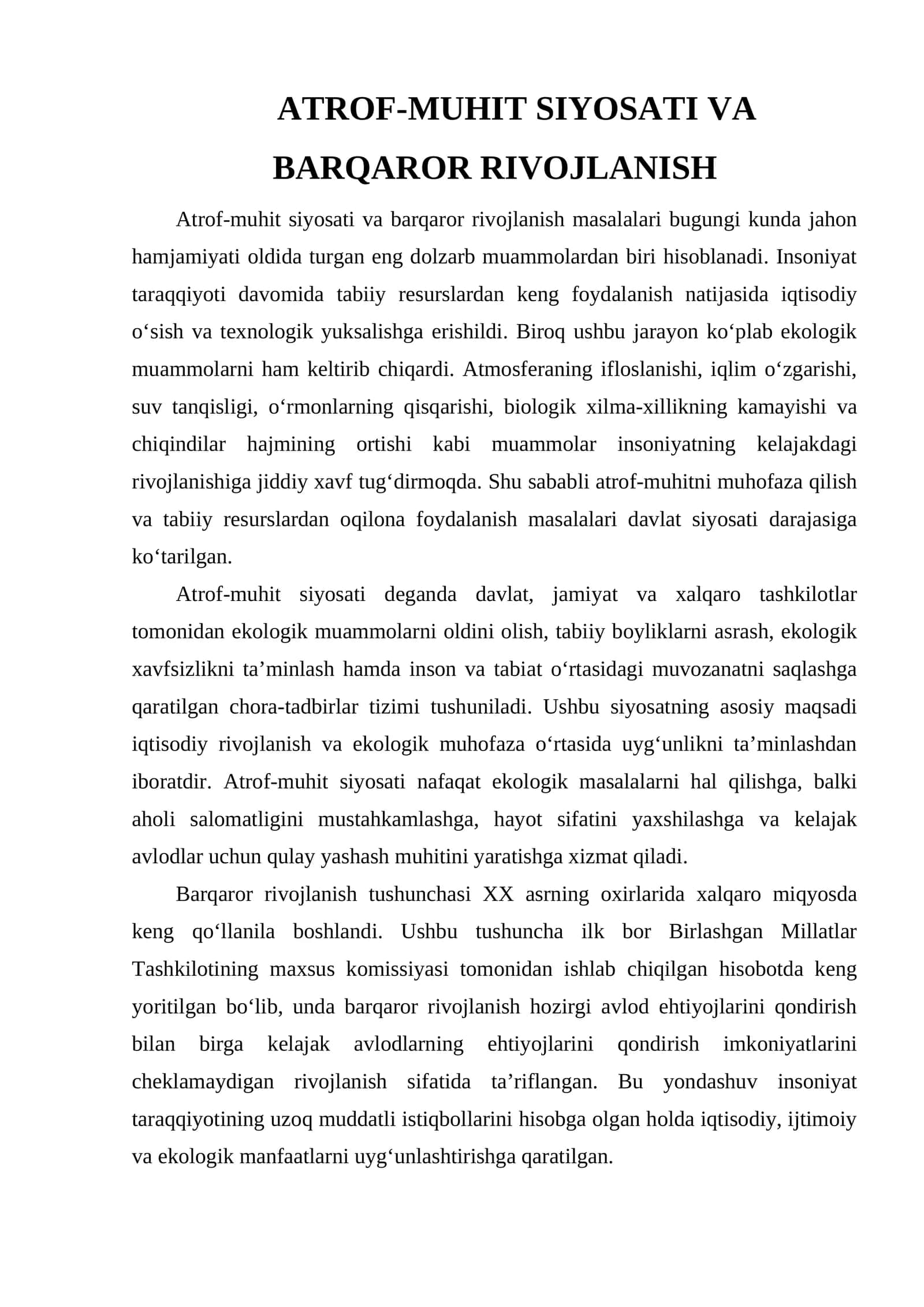 ATROF-MUHIT SIYOSATI VA BARQAROR RIVOJLANISH 1