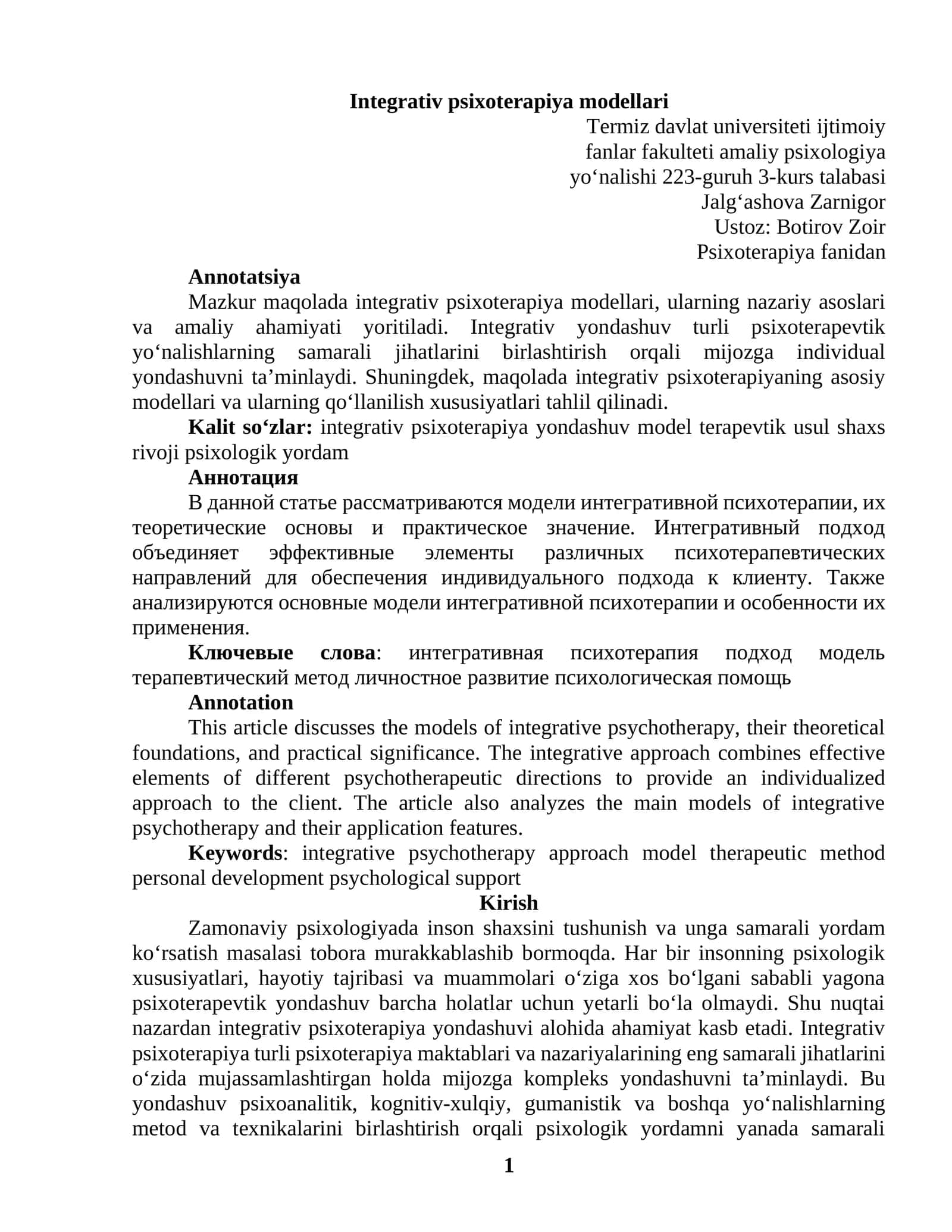 Integrativ psixoterapiya modellari 1