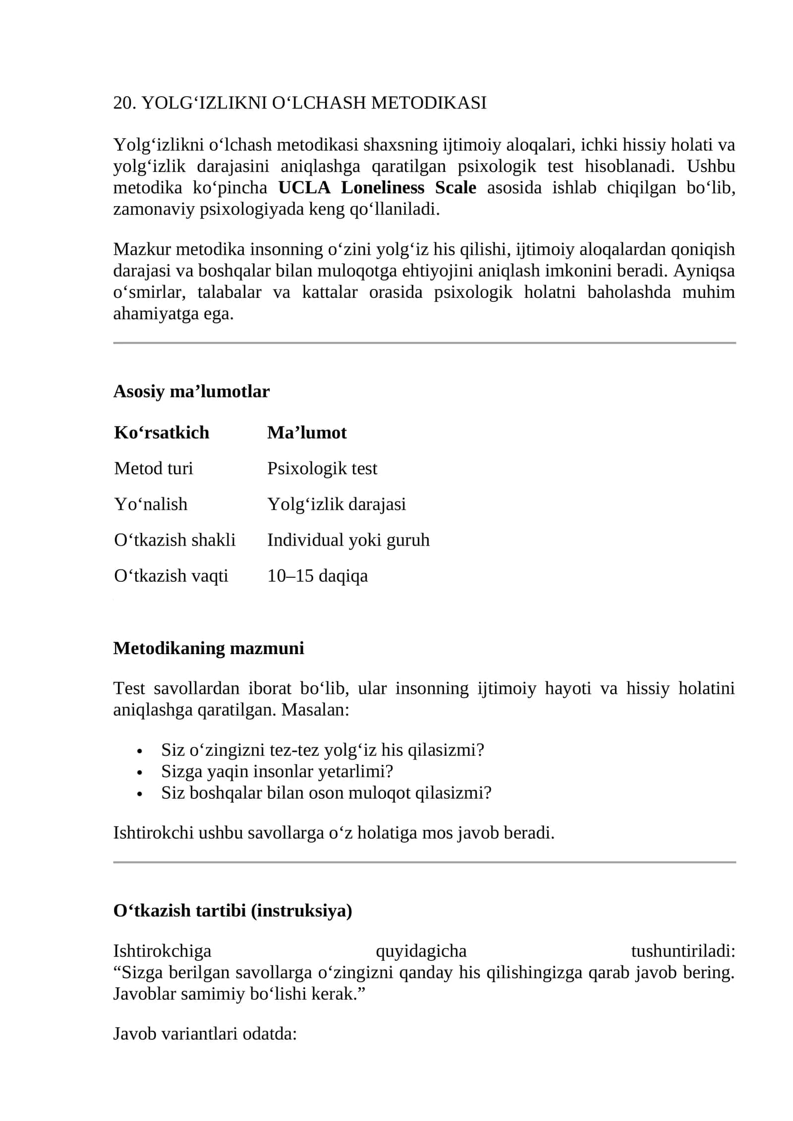 YOLG‘IZLIKNI O‘LCHASH METODIKASI 1