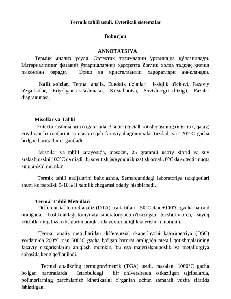 Termik tahlil usuli. Evtetikali sistemalar