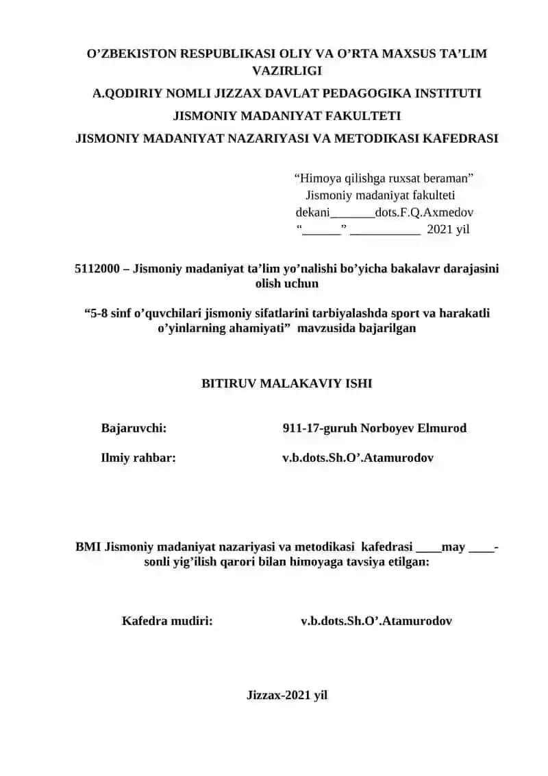 "5-8 sinf o’quvchilari jismoniy sifatlarini tarbiyalashda sport va harakatli o’yinlarning ahamiyati"