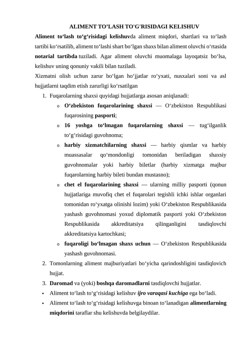 ALIMENT TO’LASH TO'G'RISIDAGI KELISHUV 1