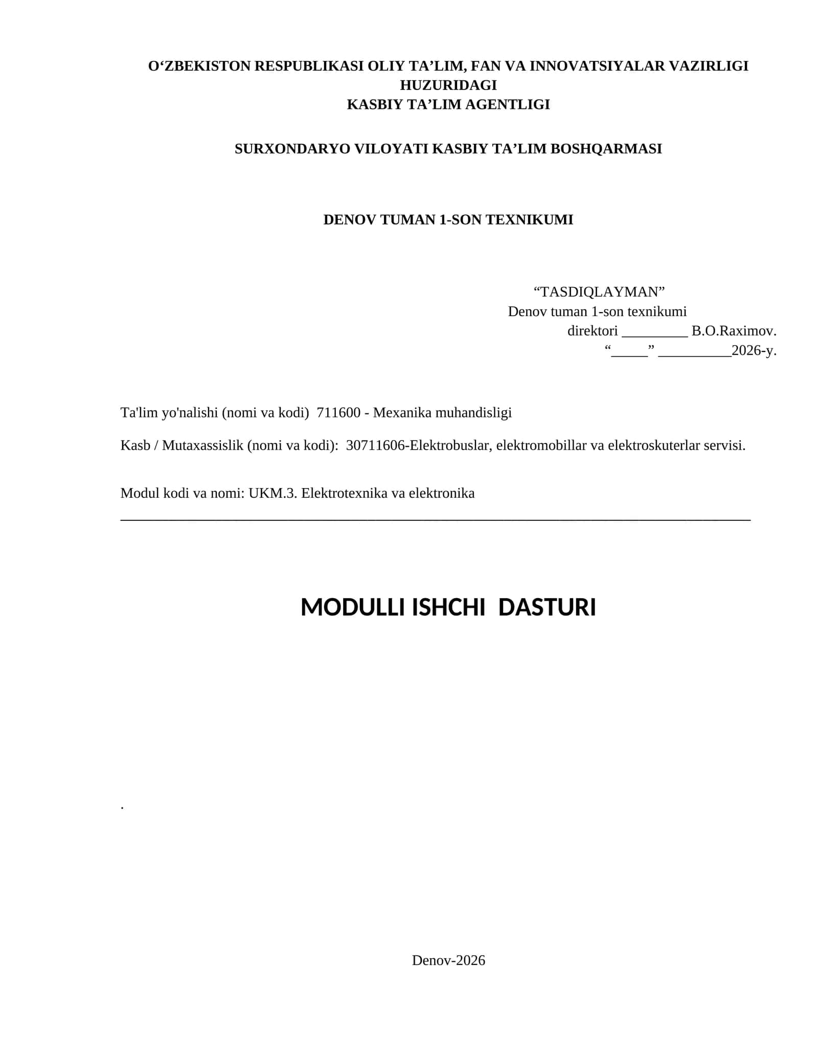 UKM.3. Elektrotexnika va elektronika MODULLI ISHCHI DASTURI 1
