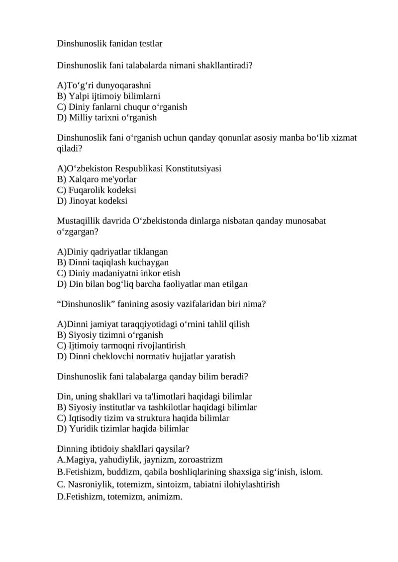 Dinshunoslik fanidan testlar 1