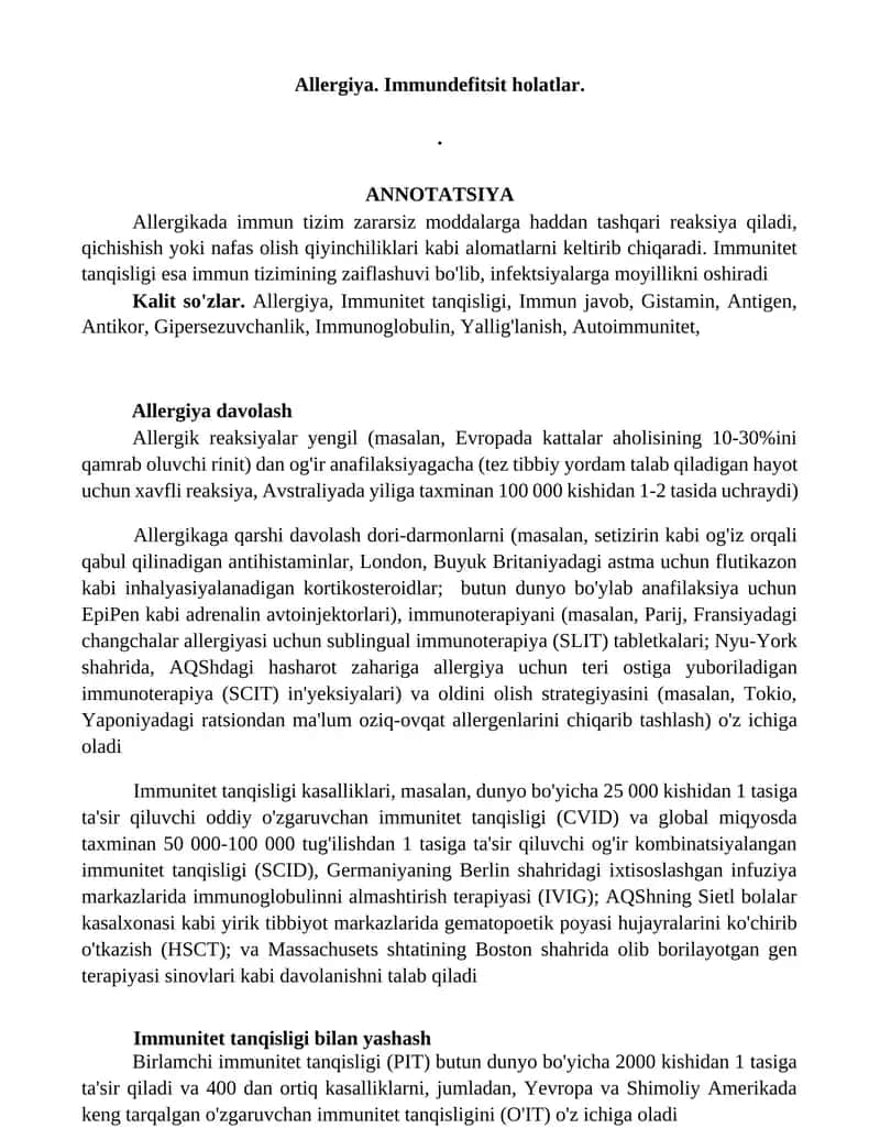 Allergiya. Immundefitsit holatlar. 1