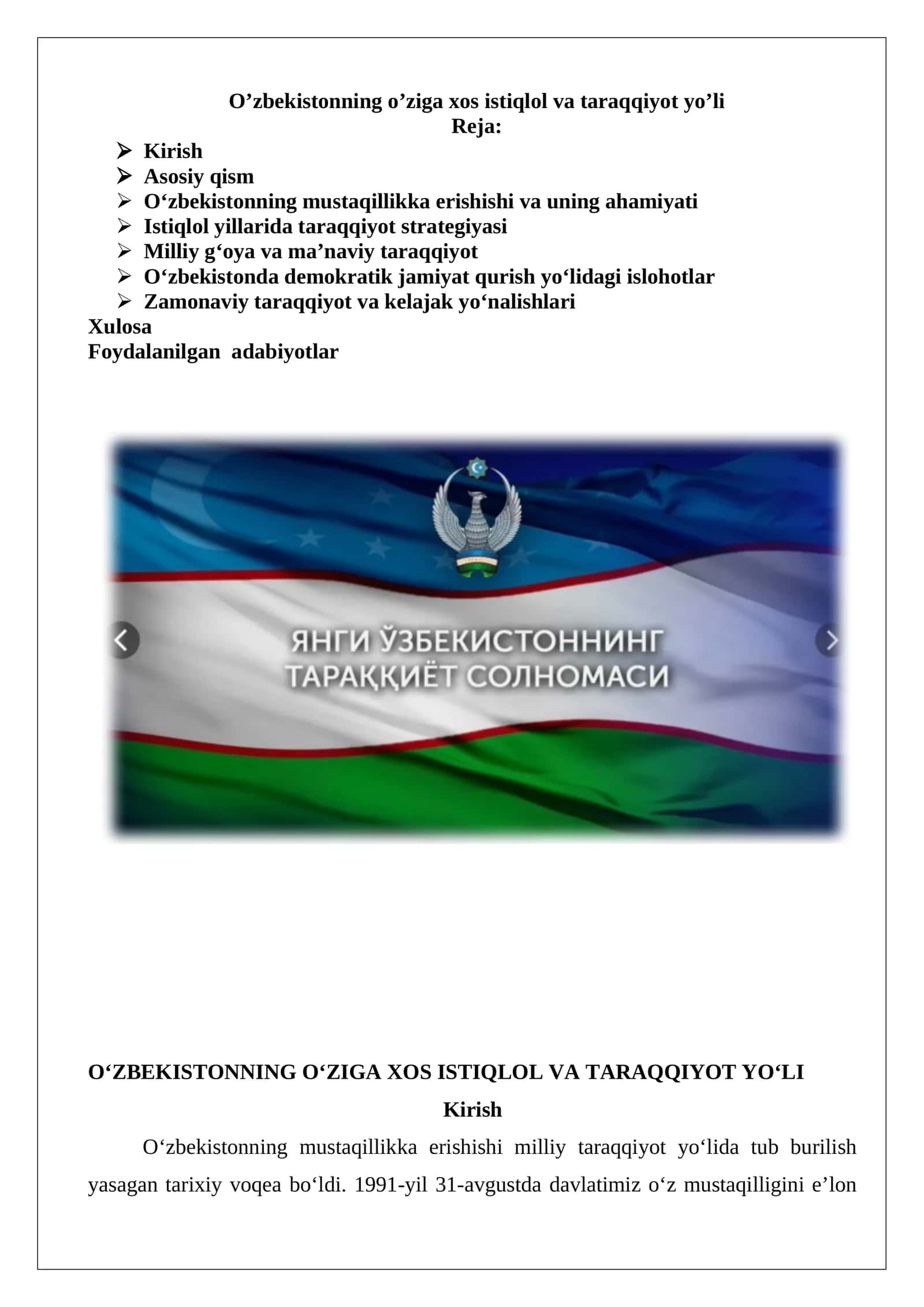 O‘ZBEKISTONNING O‘ZIGA XOS ISTIQLOL VA TARAQQIYOT YO‘LI 1