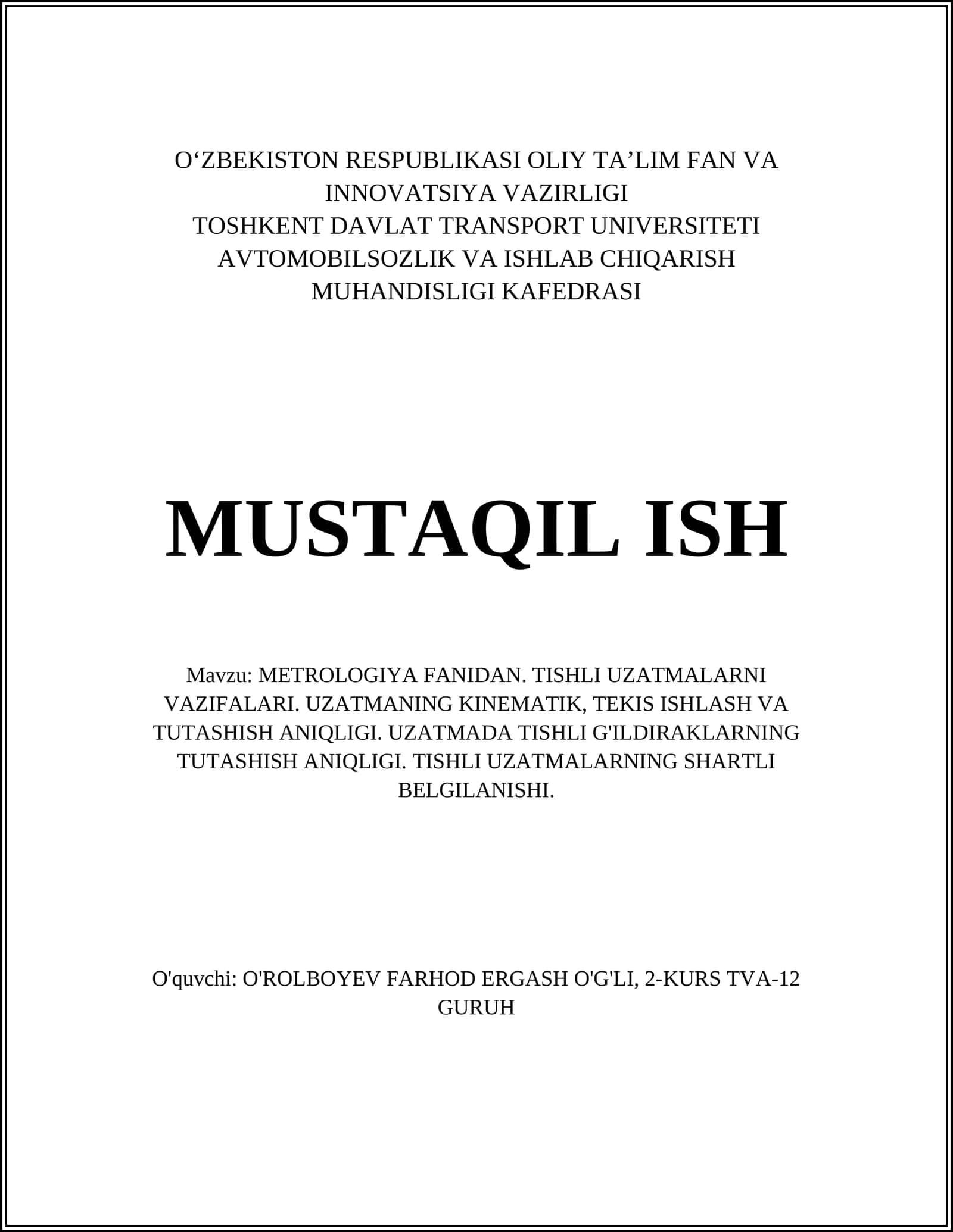 Metrologiya Fanidan Tishli Uzatmalar 1